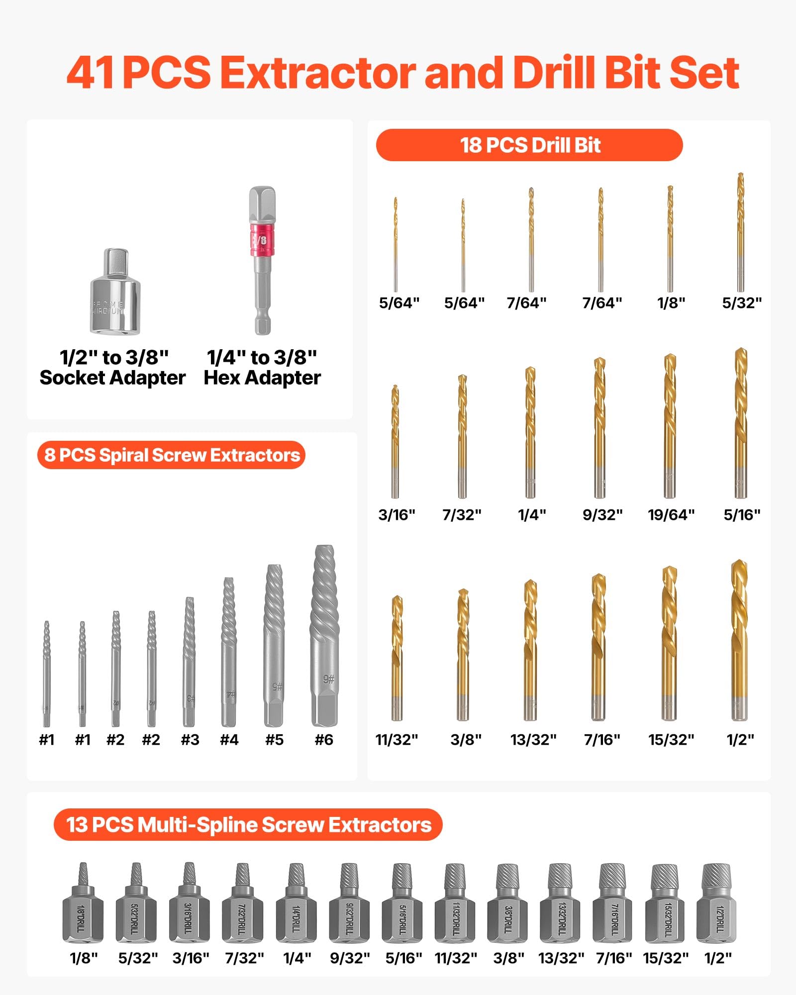 VEVOR Kit Extracteur de Vis Cassée avec Forets 41PCs, Outils d'Extraction de Vis Dénudée et de Goujon, pour Retrait des Boulons Réparation Domicile Atelier, en Acier Cr-Mo, avec Adaptateurs et Coffret