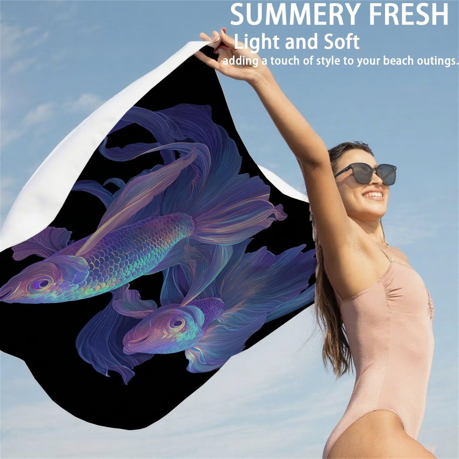 Ręcznik plażowy z mikrofibry 85 x 170 cm prześcieradło plażowe odporny na piasek czarny ręcznik plażowy XXL Koi ręcznik plażowy Szybkoschnący, miękki i bardzo chłonny, szybkoschnący do podróży, sauny