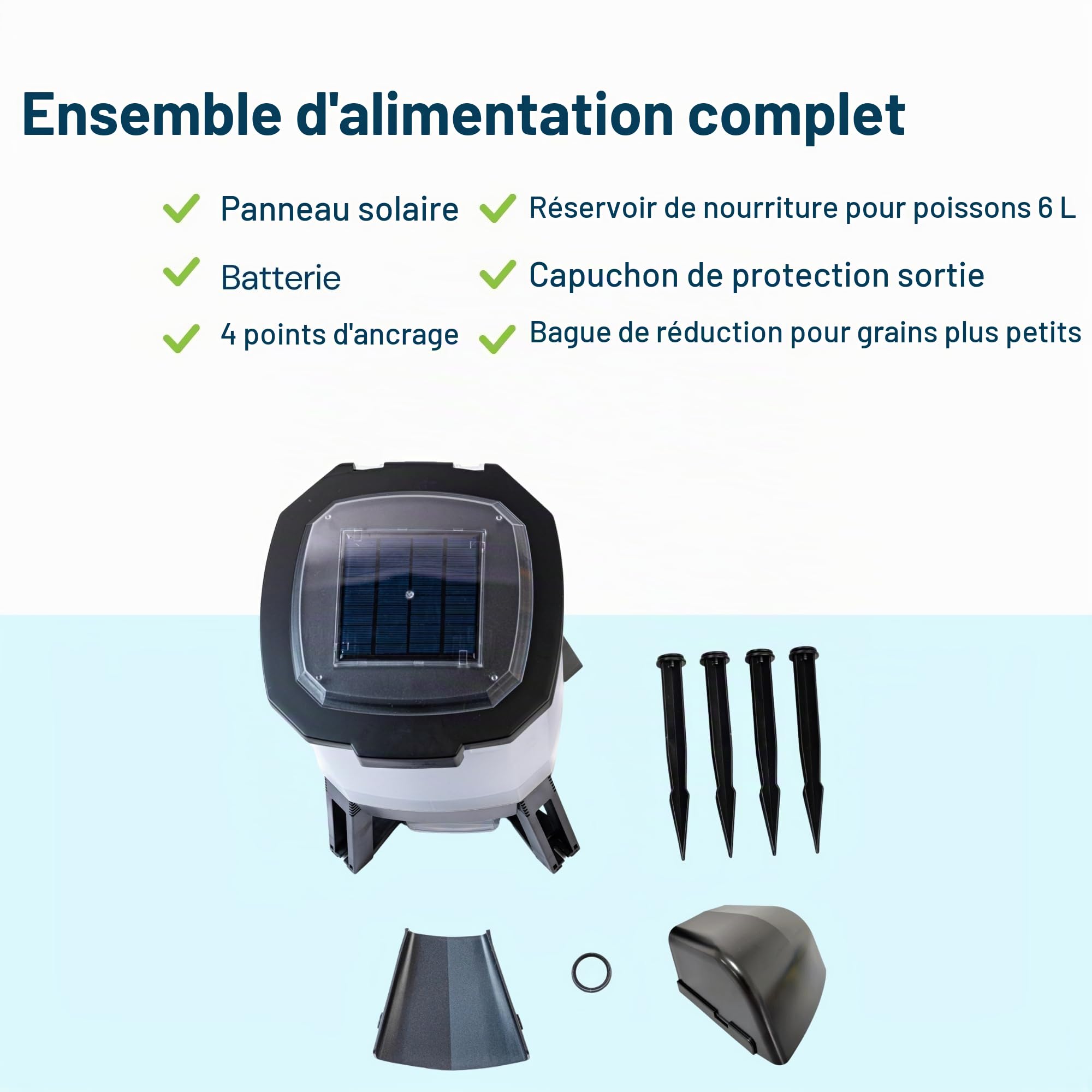 BluFeeder - Mangeur Automatique de Poissons, pour Étang, avec Batterie et Énergie Solaire, pour Vacances et Régime, Koi, Exterieur, Résistant a l'humidité, Fish Feeder - 6L Capacité