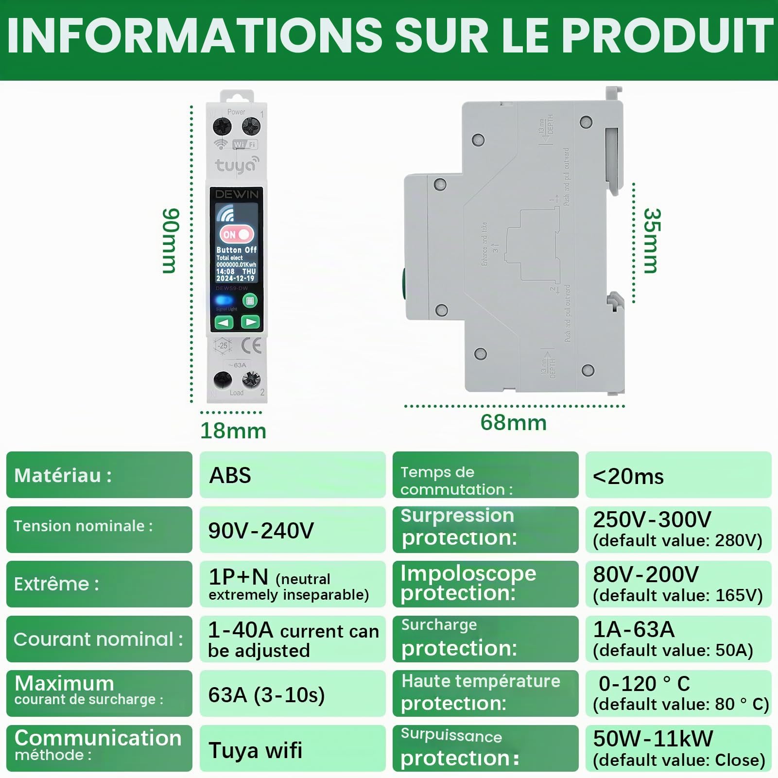 DEWIN Disjoncteur WiFi rail DIN, Tuya WiFi Smart Circuit Breaker avec minuterie fonction Smart Meter et commande à distance pour Smart Home affichage LCD 40A AC 230V