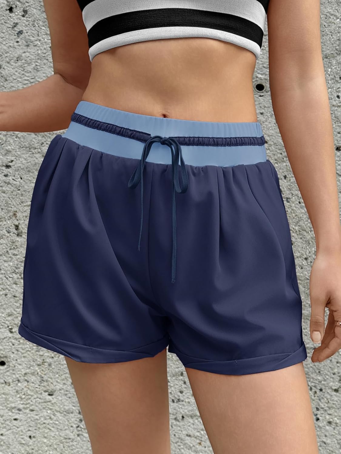 Fisoew Womens Running Shorts Lightweight Color Block High Waisted Drawstring Workout Yoga Athletic Shorts Pockets - Image 3