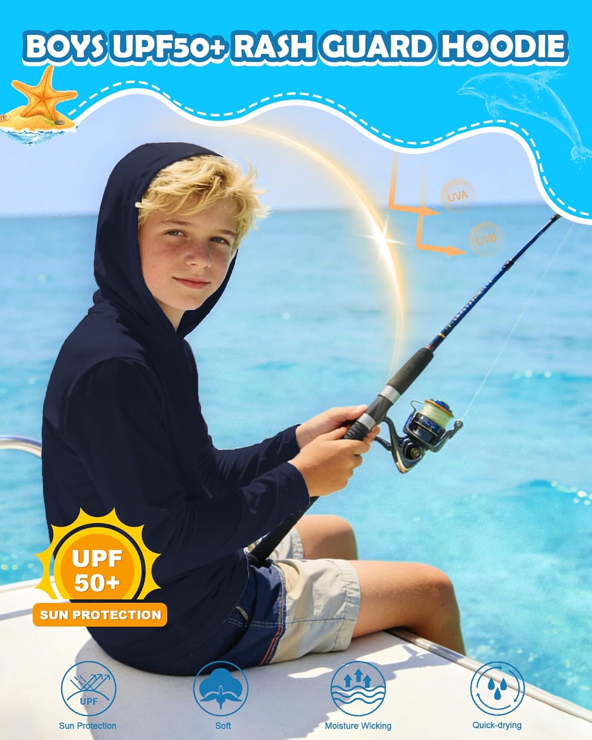 Runhit Boys & Toddler UPF 50+ Rash Guard Hoodie Kids UV Sun Protection Long Sleeve Shirt for Fishing Outdoor Beach Camping - Image 3