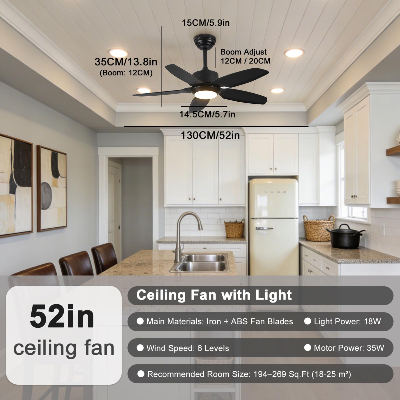 Ventiladores de Techo Negros silenciosos con Luces, Modernos, Inteligentes, con iluminación LED para Dormitorio, Comedor y Sala de Estar. 6 velocidades, Control Remoto, por aplicac