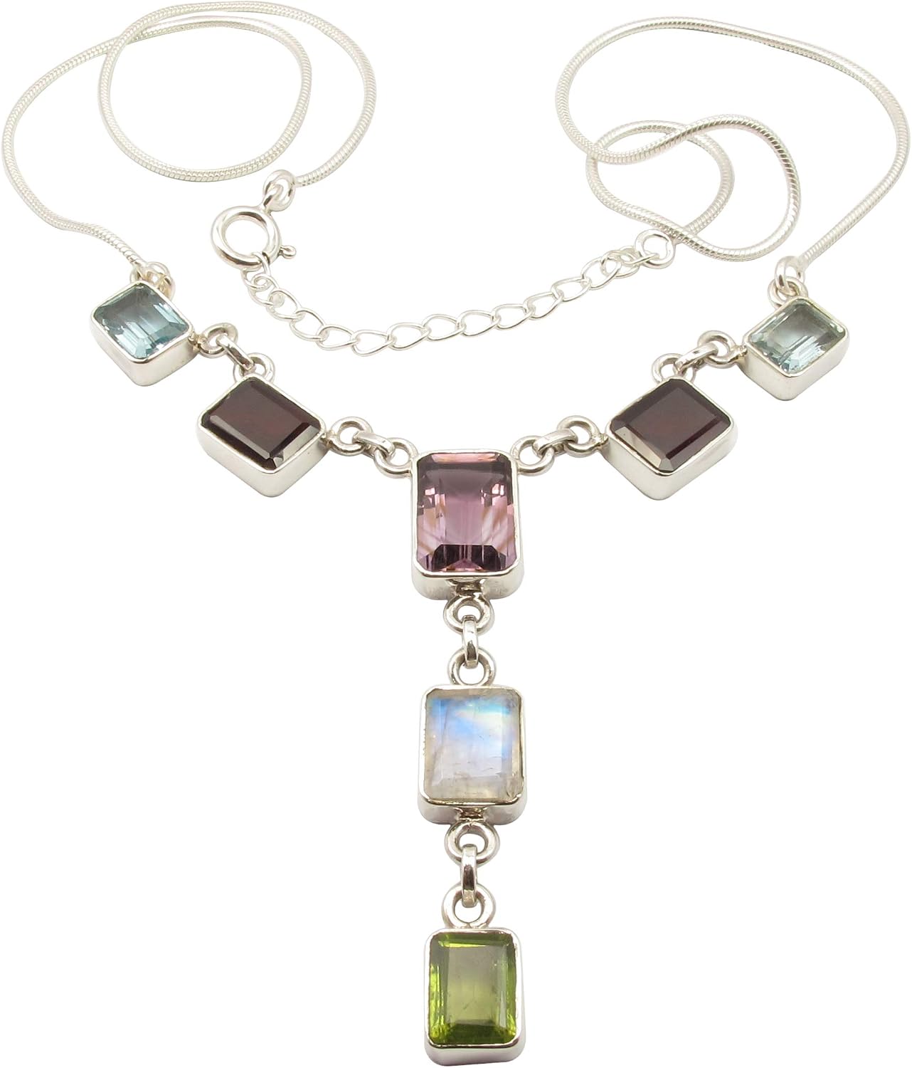 925 Solid Silver Natural Faceted Multistones Necklace 19.1" Handmade Gift