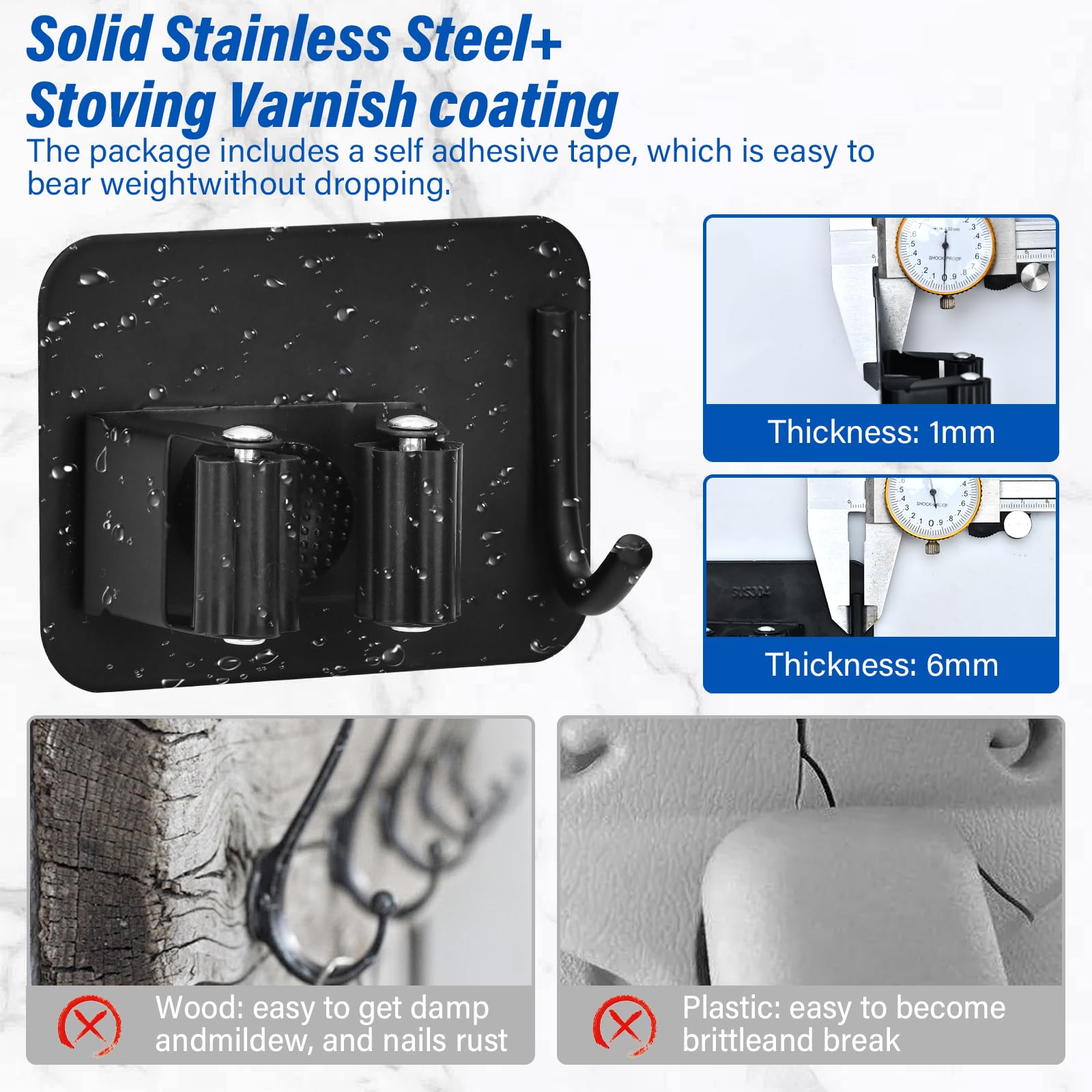 8 Pcs Besenhalterung Wand Selbstklebend, Wandhalterung für Küche, Zuhause, Badezimmer, Garage, Garten - Schwarz