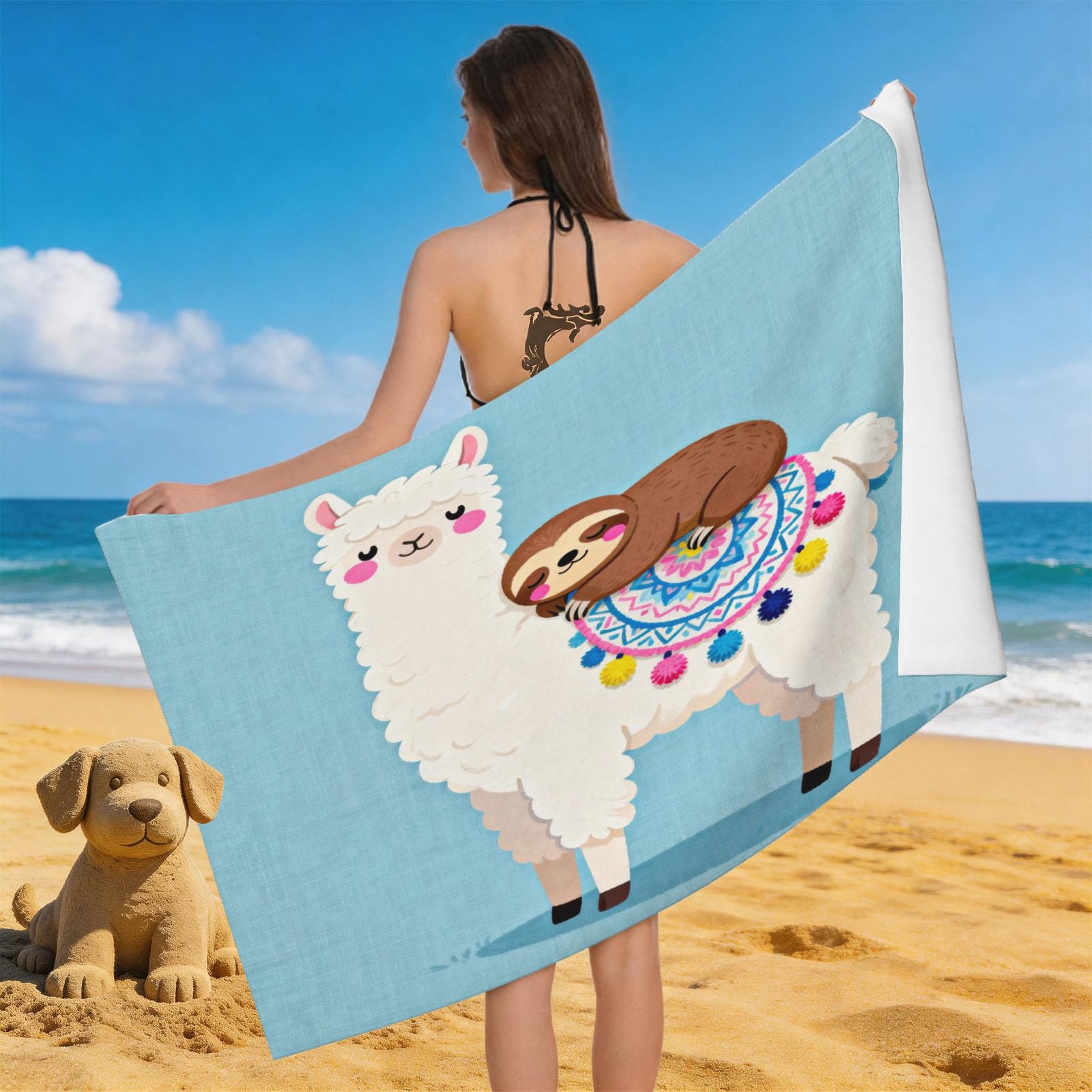 Leichong 3D Cute Alpaca Beach Towel Large Microfiber Soft Quick Dry for Adults, Cartoon Animals Print Bath Towel Lightweight Soft Absorbent for Travel Swimming Pool Sports, 80 x 160 cm