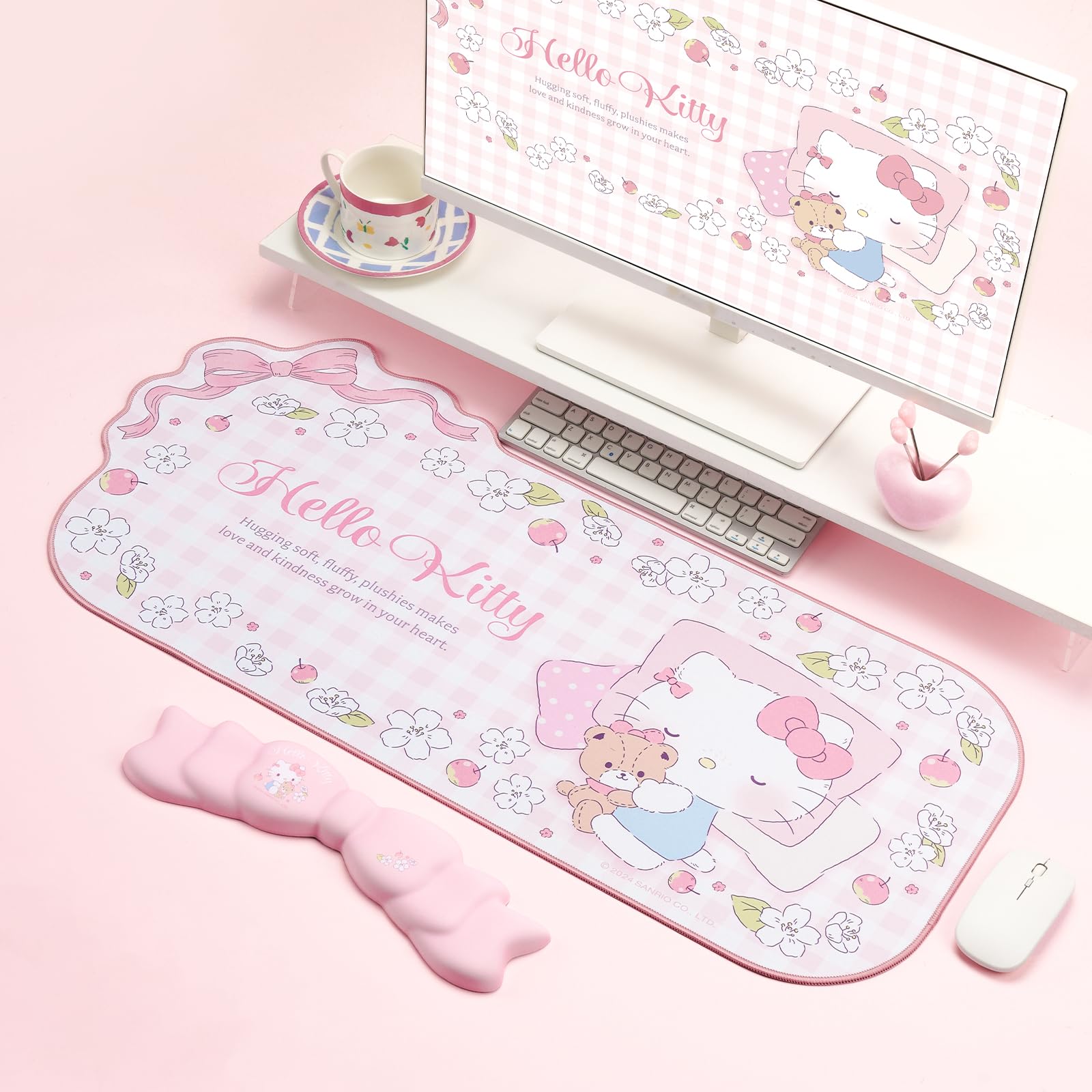 Set de Alfombrilla y Reposamuñecas Kuitmor Anime Kawaii - Alfombrilla de Escritorio Antideslizante con Reposamuñecas de Lazo y Espuma Viscoelástica para Teclado y Ratón, Ideal para Gaming y Oficina en