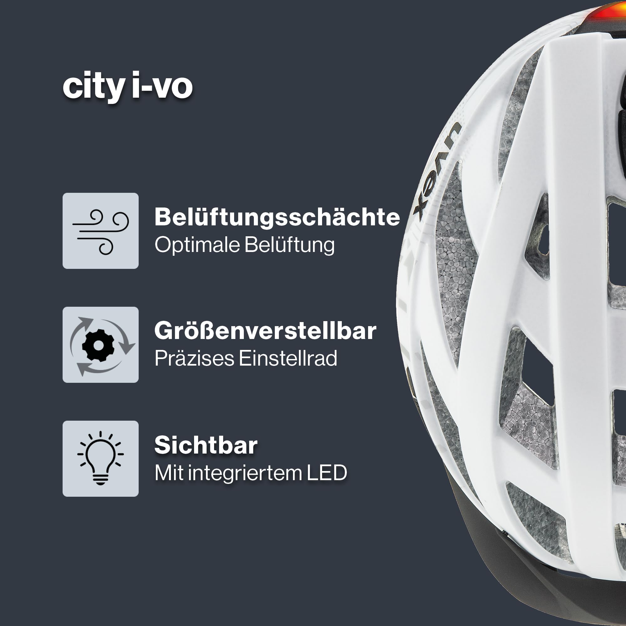 uvex City i-vo - Leichter City-Helm für Damen und Herren - individuelle Größenanpassung - inkl. LED-Licht
