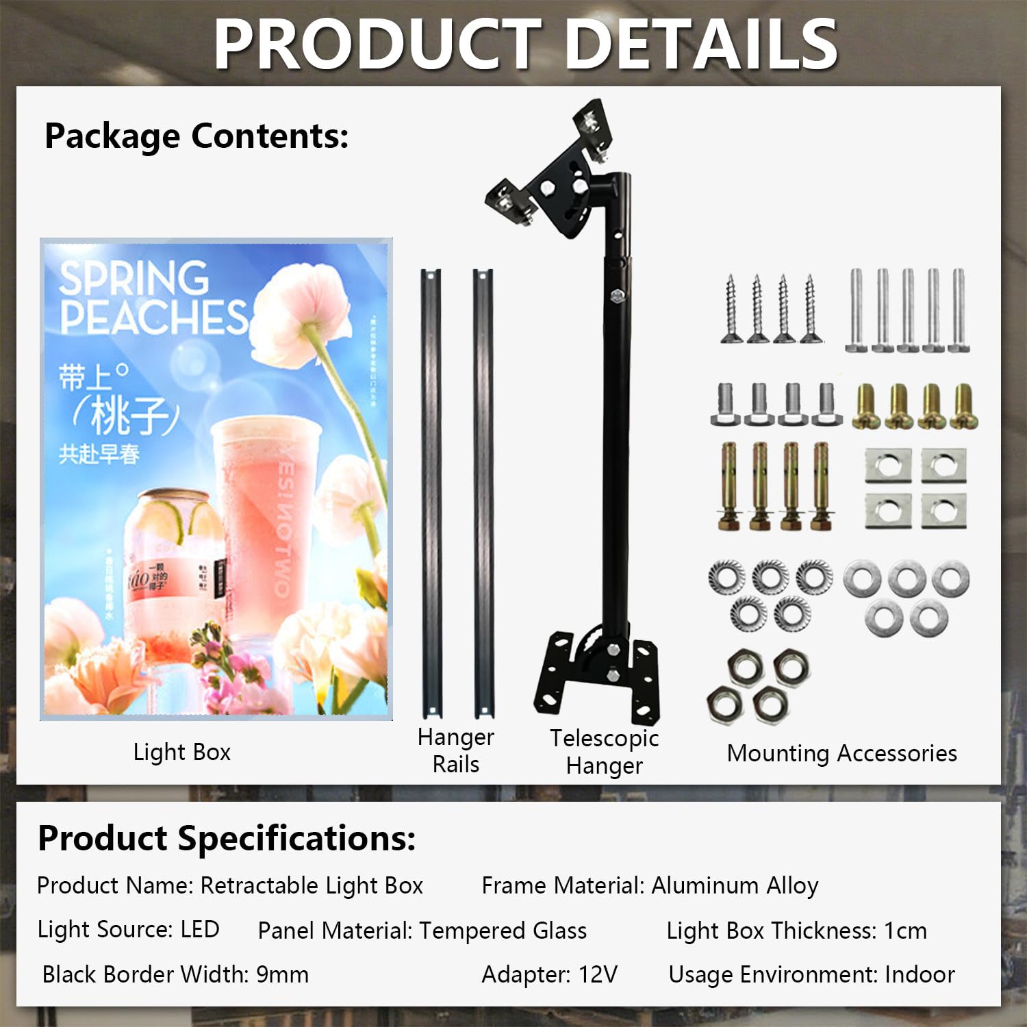 Marco De Póster LED, Tablero De Menú LED, Diseño Delgado De 1 Cm, Brazo Retráctil De 50-95 Cm, Ajustable De 0 a 90°, Montaje En Pared/Techo, para Restaurantes Vertical-1PCA4(22.5 * 30.4CM)