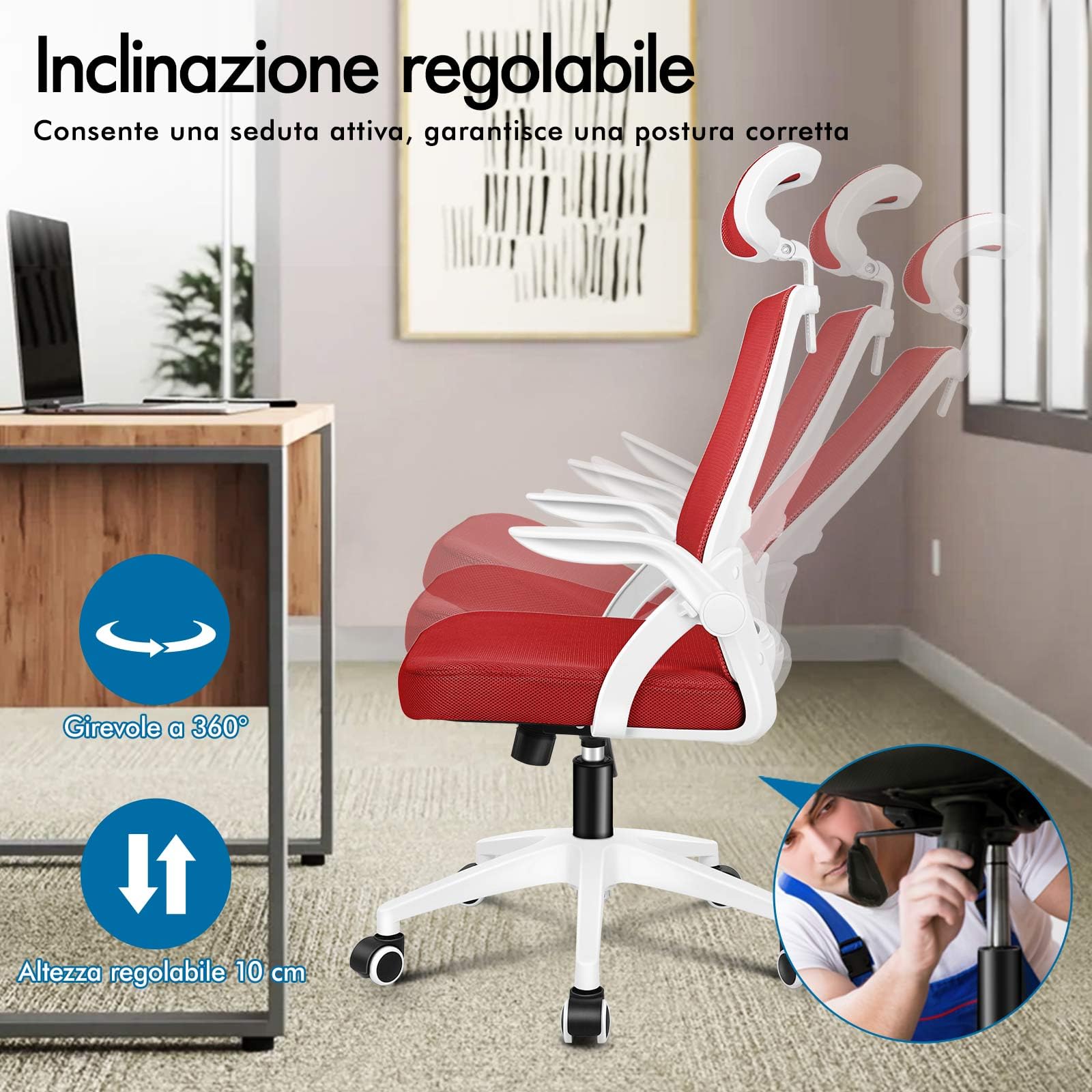 ALFORDSON Sedia da Ufficio, Poltrone con Poggiatesta, Sedia da Scrivania per Computer con Supporto Lombare, Sedia Girevole per Home Office, Rosso