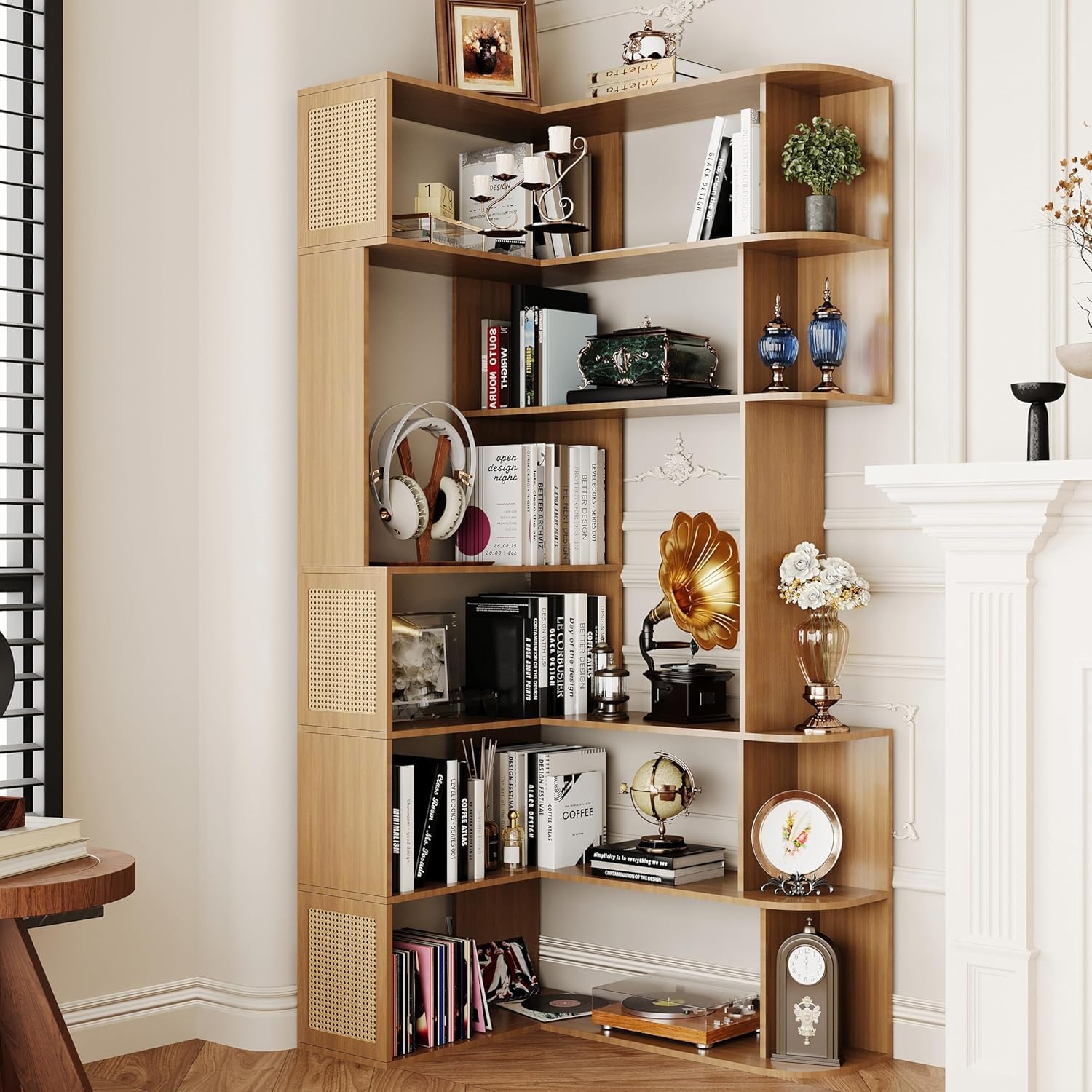 Corner Bookshelf 7-Tier, Rattan Wood Corner Shelf,Tall Book Shelf L-Shaped Shelf Display Rack for Bedroom,Large Etagere Bookcase for Home Office Shelves