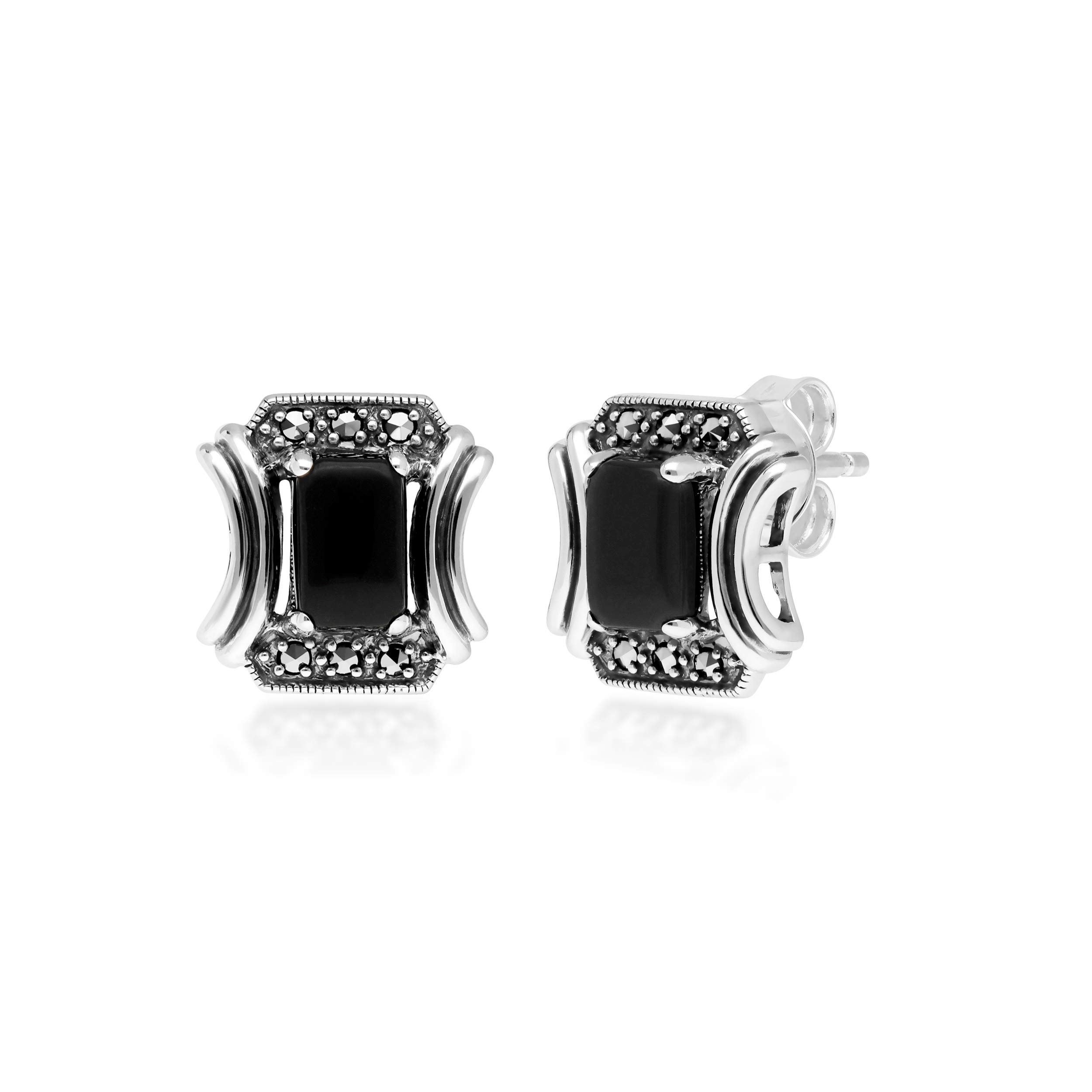 GemondoSterling Silver Art Deco Black Onyx and Marcasite Earrings