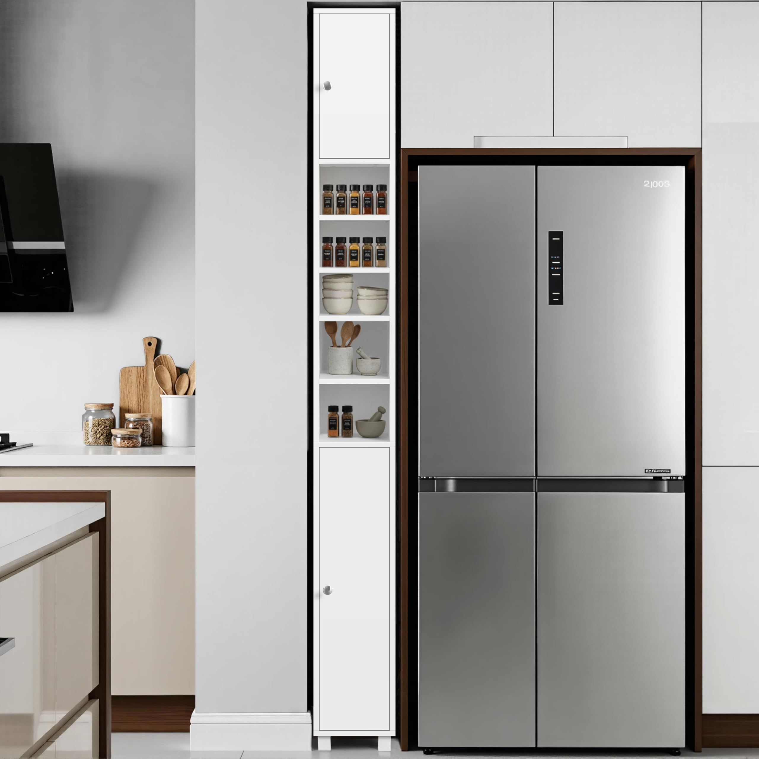 Abician Meuble Colonne Salle de Bain 20 cm - Armoire de Rangement Étroite avec Tiroir et Étagères Réglables - Meuble Salle de Bain Compact pour WC, Blanc, 20x20x180cm