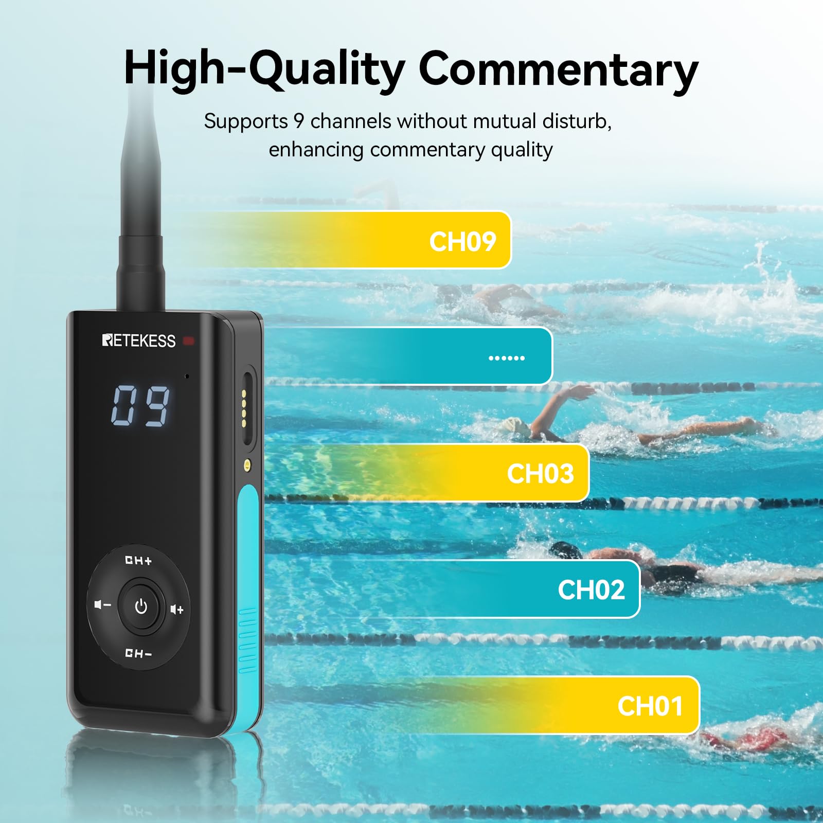 Retekess TT120 Comunicador Para Entrenadores de Natación, Auriculares de Natación Impermeables IP68, Conducción Ósea, Para Guiar el Entrenamiento,Club de Natación, (1 Transmisor, 5 Receptores)