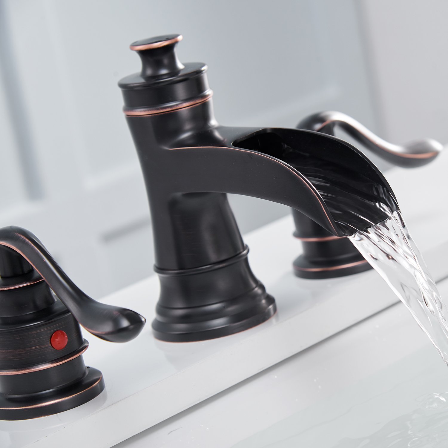 Bathfinesse Widespread Bathroom Faucet for Sink 3 Hole Waterfall Oil Rubbed Bronze Farmhouse 8 Inch Two Handle with Pop Up Drain Assembly for Sink Commercial Vanity Solid Brass Deck Mount Supply Hose