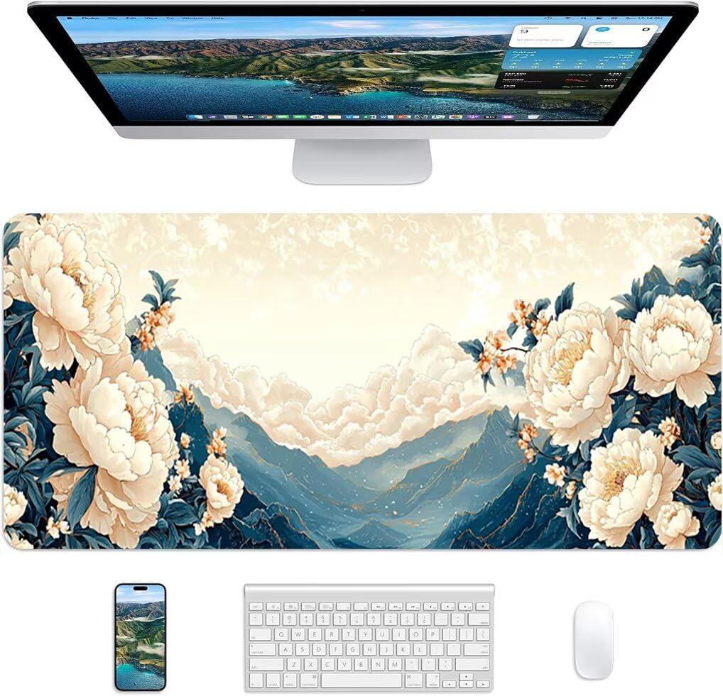 Wxuaixnn Fiore Tappetino Mouse Gaming XXL 160x80cm Tappetino Scrivania, Impermeabile Tappeto Mouse con Base in Gomma Antiscivolo, Non-Slip Rubber Base, Bianco Mousepad XXL per Gamer e Ufficio -10230