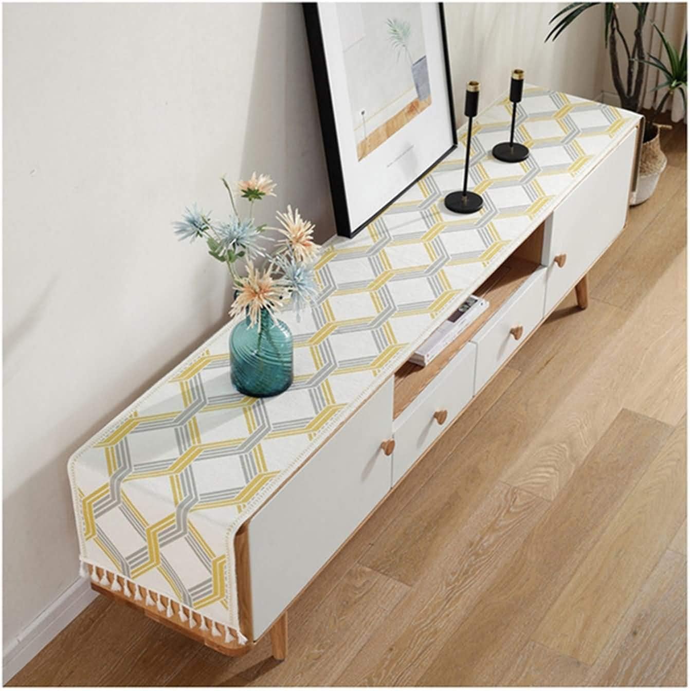 Wedding Table Runner,35x180CM,Geometric Pattern with Tassel Table Runner Modern Polyester,Table Runner Decor Blue