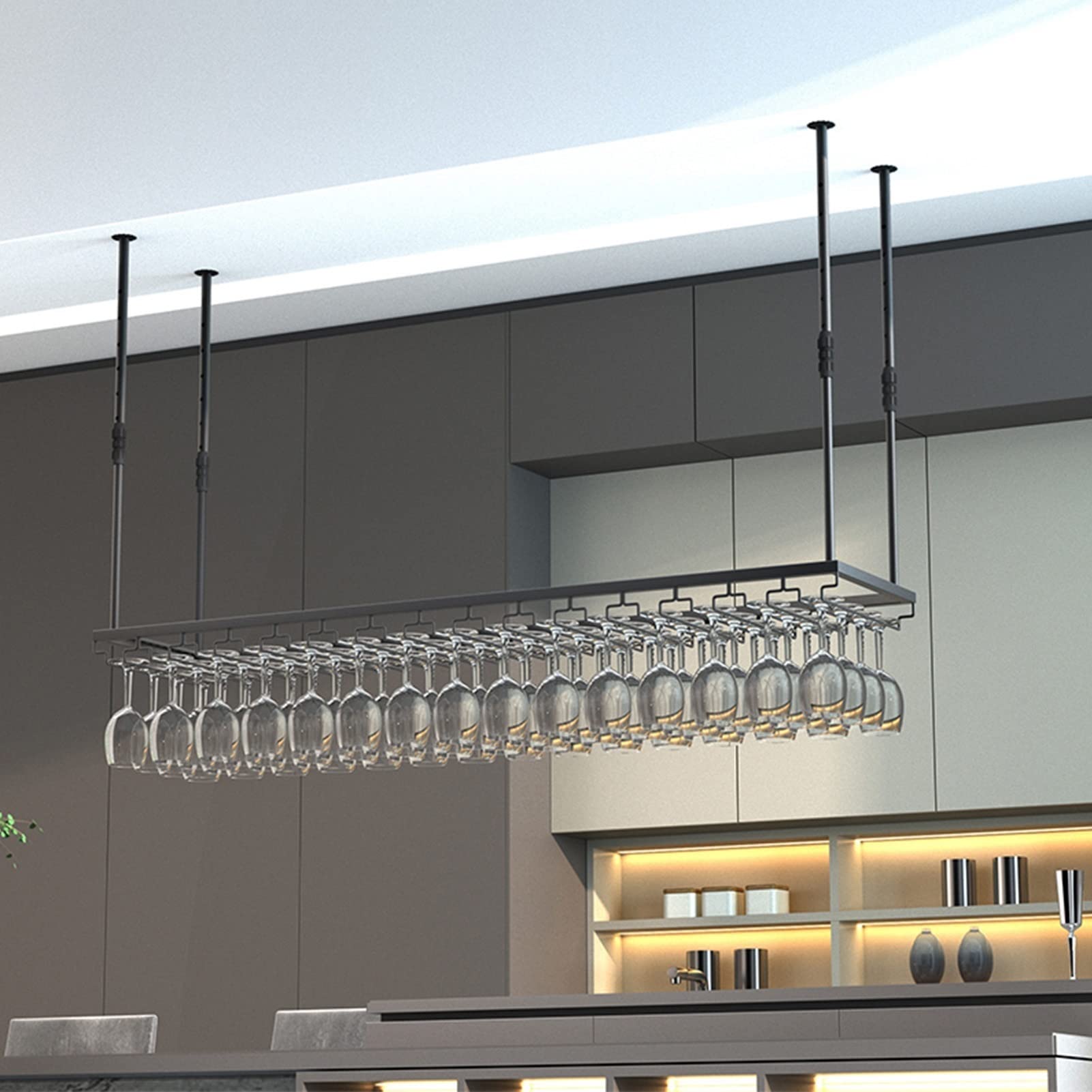 Estante para vinos para Colgar en el Techo/Estante para Copas de Vino bajo el gabinete/Soporte para Copas de Vino invertido/Estante de Almacenamiento Ajustable/Negro