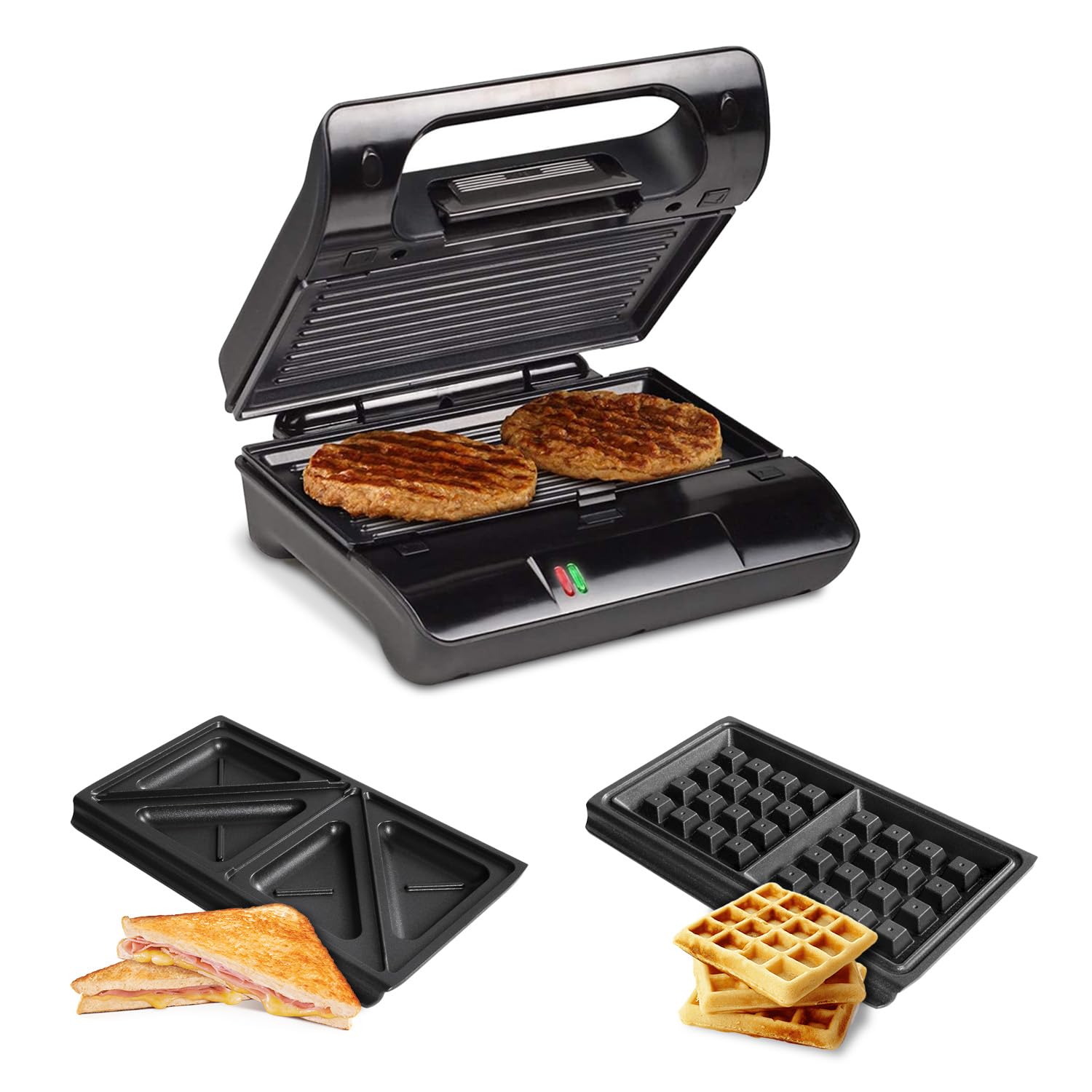 Wintem Piastra per Waffle e Sandwich Antiaderente in Acciaio Inox - Potenza 800W e Funzioni di Griglia, Waffle e Formaggio alla Griglia - Dimensioni 22,6x23,6x10,8cm - Piastre Intercambiabili