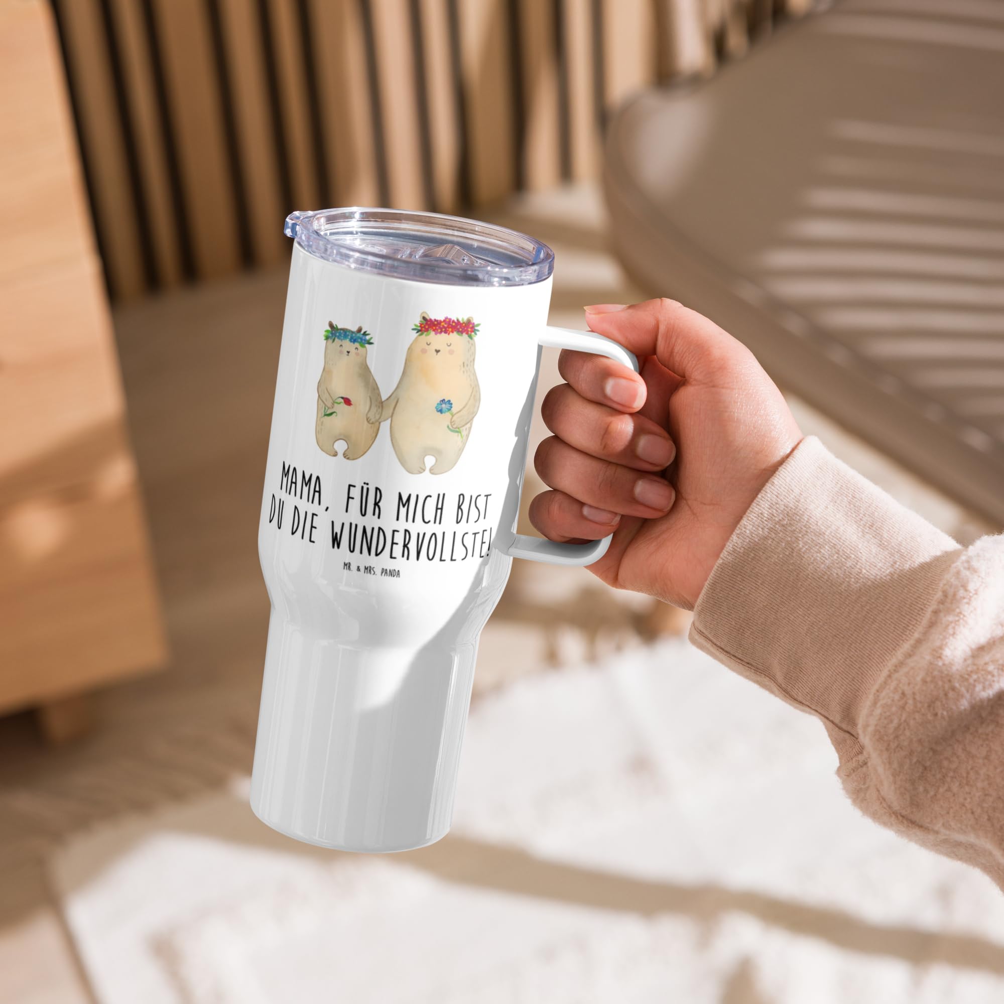 Mr. & Mrs. Panda Kaffee-to-go-Becher Bären mit Blumenkranz - Geschenk, Familie, Töchter, Lieblingsmensch, Kinder, To-Go-Becher, Thermobecher, Muttertag, thermosbecher, Mehrwegbecher, Teetasse, Mama