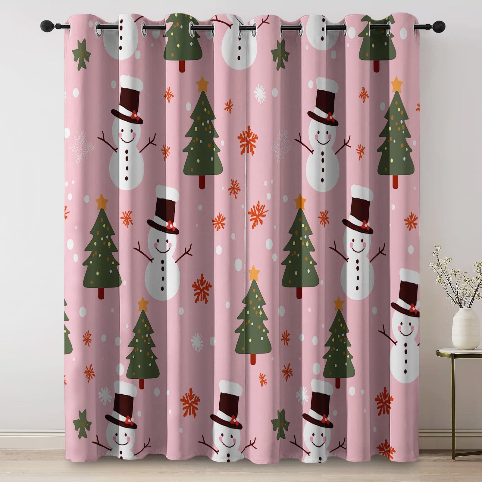 Świąteczny bałwan z nadrukiem choinki 100% zasłony zaciemniające do sypialni i salonu 117 x 183 cm (2 panele) - izolacja termiczna, zasłony z oczkami, redukcja hałasu, różowe