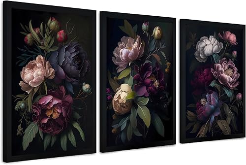 Krtoni 3 piezas de arte de pared enmarcadas de flores oscuras, impresiones de lienzo floral de peonía negra neutra, rústico, bohemio, flores