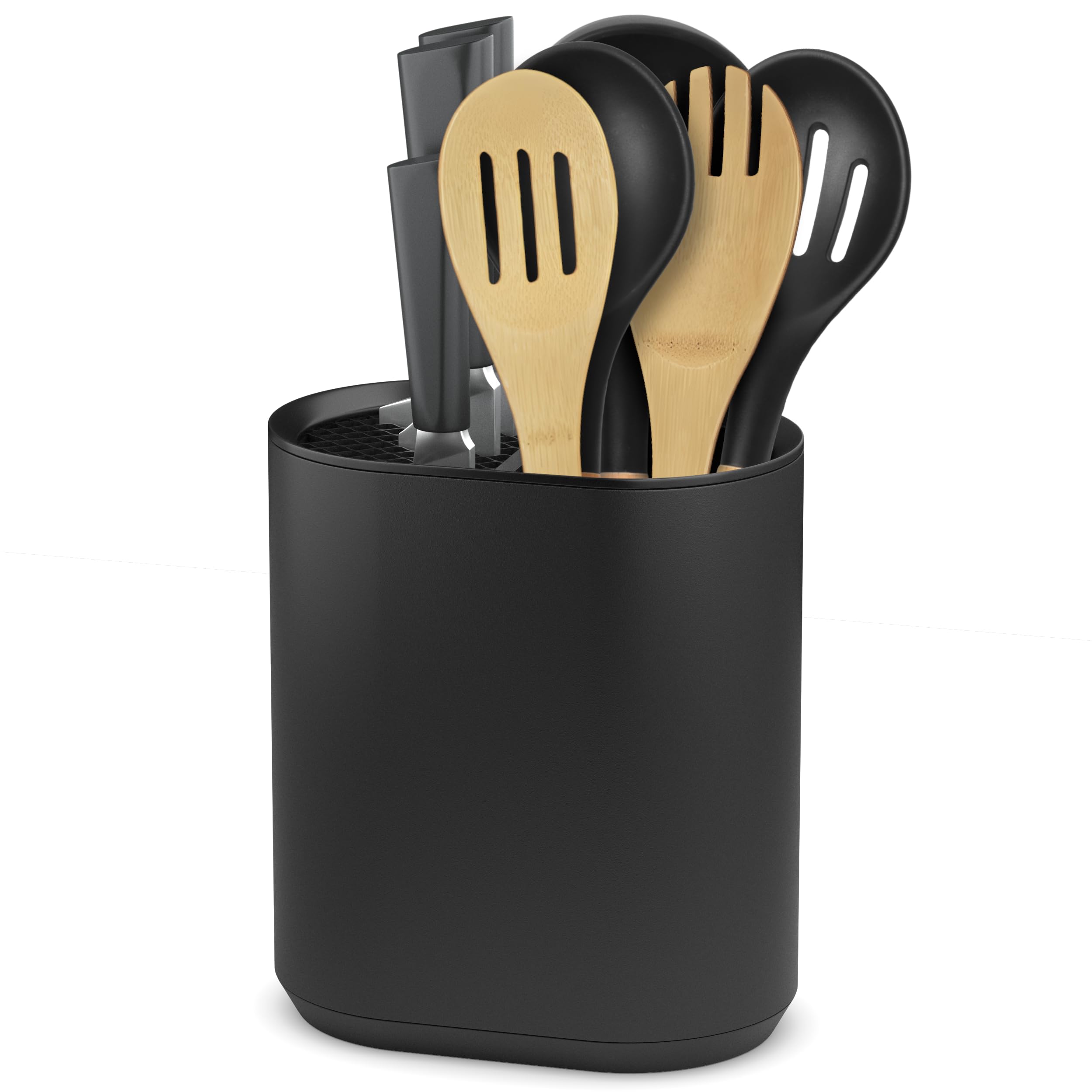 Porta Mestoli e Ceppo Coltelli da Cucina, Porta Utensili Moderno in Plastica Nero Opaco, Organizzatore per Coltelli e Mestoli, Design Compatto e Elegante
