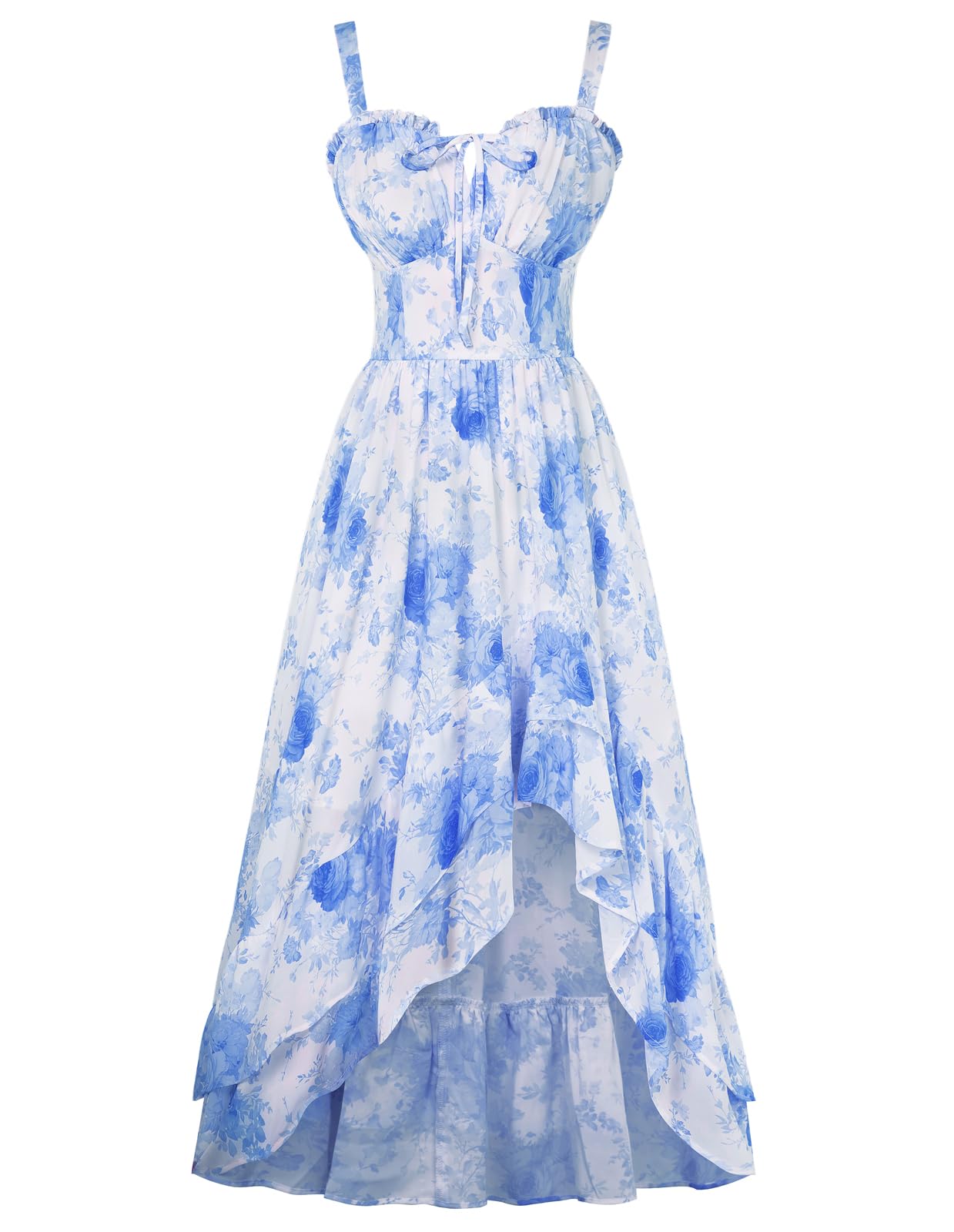 Scarlet Darkness Damen Viktorianisches Blumenkleid Spaghettiträger Sommerkleid High-Low Rüschensaum Lang Kleider Weiß mit Blau Blumen XL