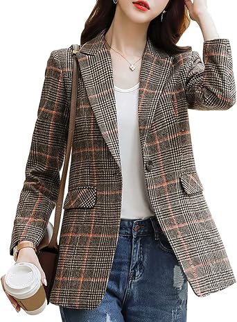 ebossy Womens Notch Lapel 2 Button Boyfriend Blazer Suit Houndstooth Plaid Jacket Coat