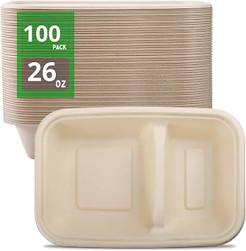 100 Pack Paper Bowls, 26 oz, Rectangular, 2 Compartment