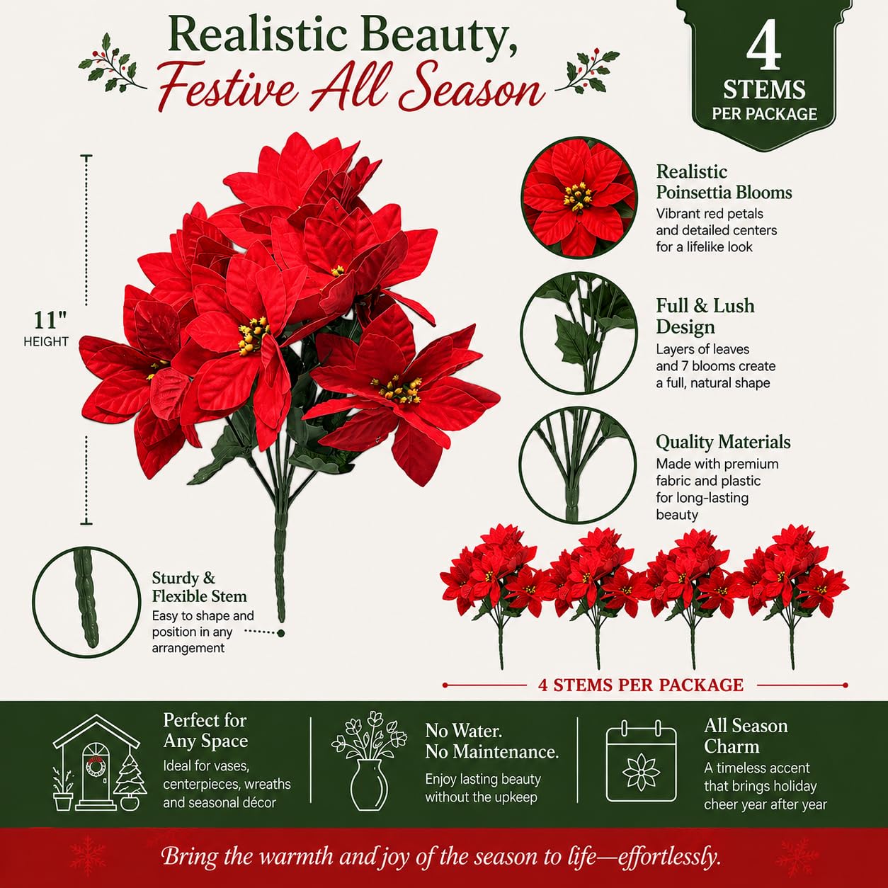 BANBERRY DESIGNS - Juego de 4 Flores de Pascua de Pascua Rojas con arbustos de Flores de 13 Pulgadas de Alto Cada uno - Decoraciones de Navidad Rojas - Accesorios Decorativos Florales