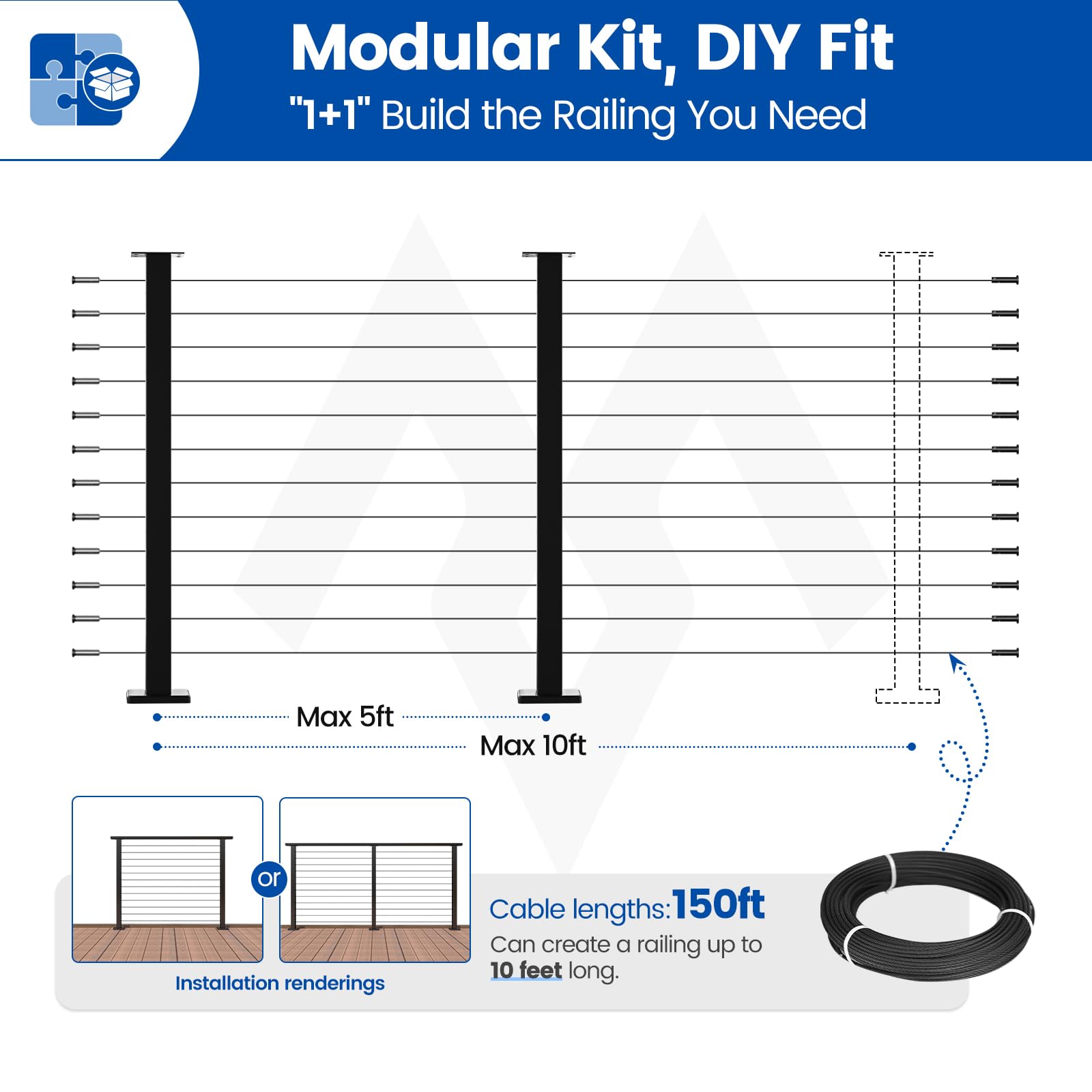 Snapklik.com : Muzata 5-10FT Modular Black Cable Railing Kit 42 Inch 2 ...
