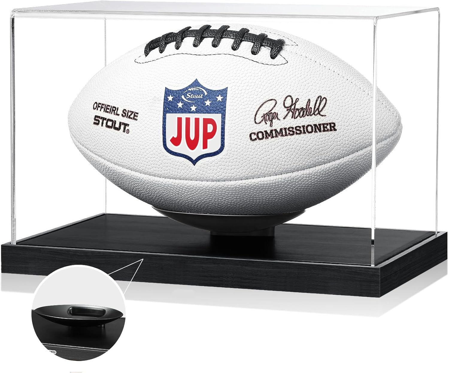 JupDec Football Display Case Full Size, Upgraded Clear Acrylic Box with Curved Cradle Holder & Solid Wood Base, Fits All Football Sizes, UV Protected Memorabilia Display for Collectors, Black