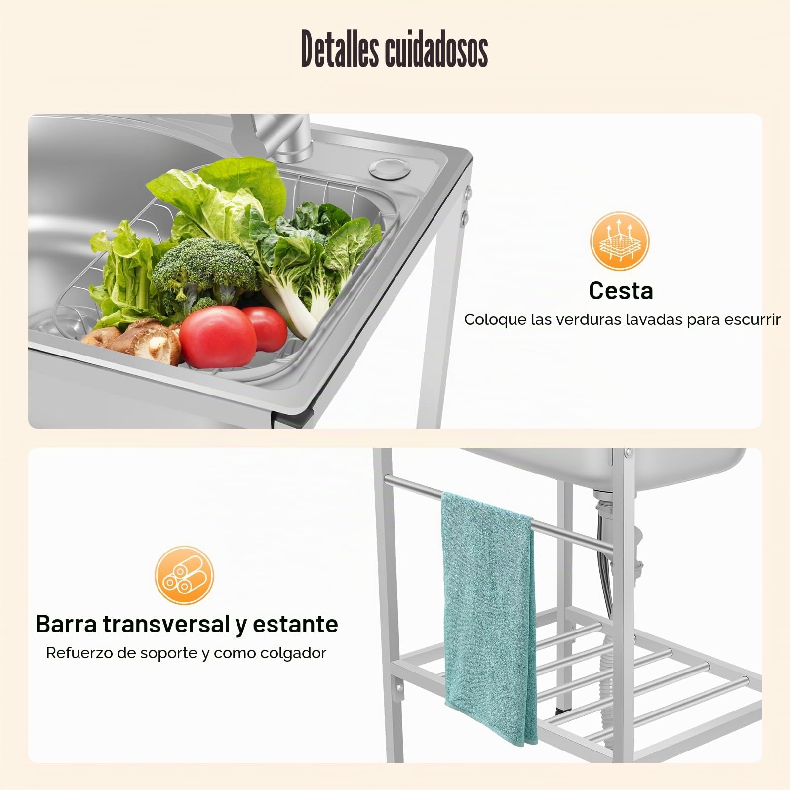 Fregadero de cocina, fregadero independiente, fregadero inox, con grifo caliente y frío, cesta de drenaje, drenaje, soporte ajustable, lavabo, 60 x 45 x 75 cm para cocina, taller, exterior