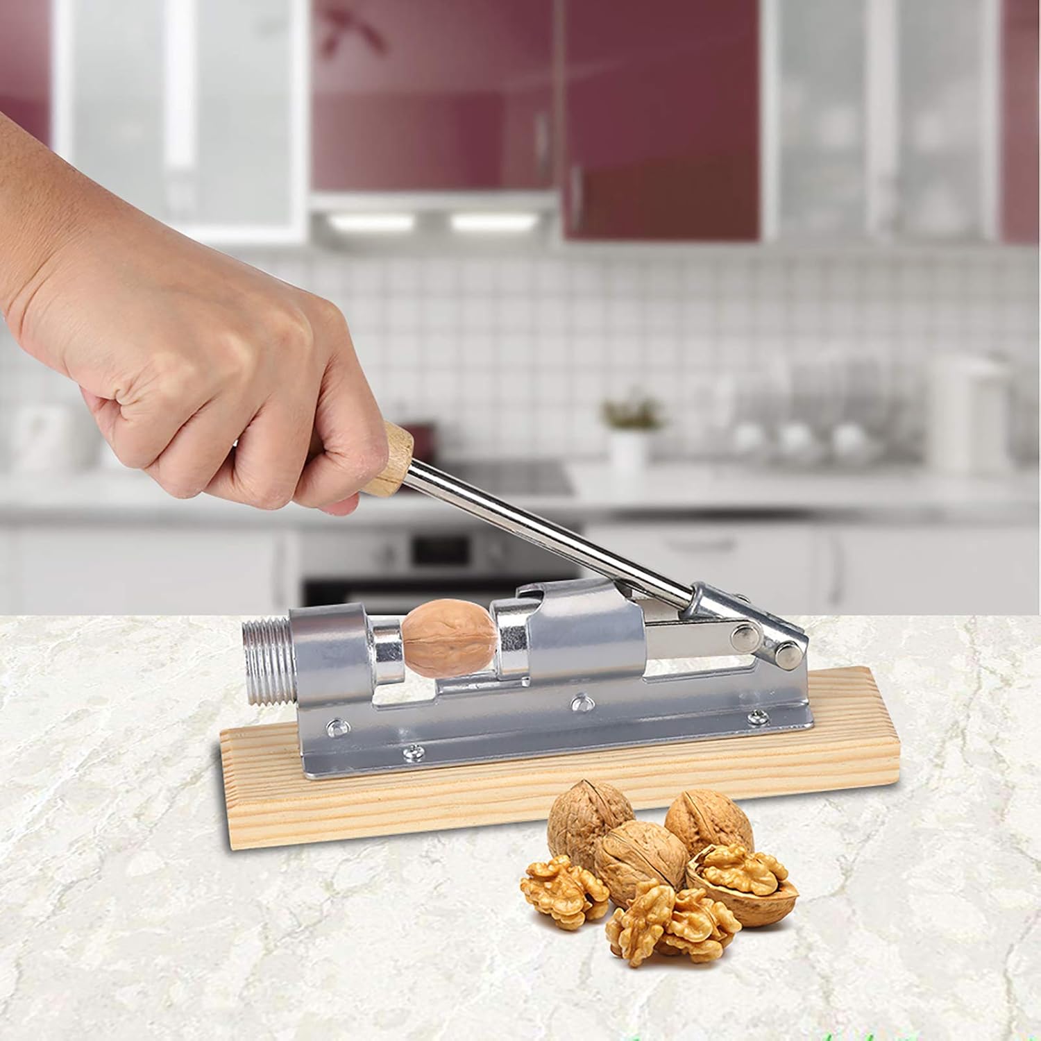 Nutcracker, Mechanical Walnut Cracker Nut Opener Kitchen Tools, Heavy Duty Nut Cracker with Desktop Wood Base & Handle for Cracking Walnut Nuts Pecan Hazelnuts