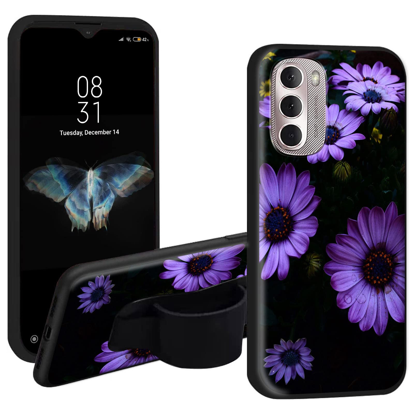 Case for Motorola Moto G Stylus 2022 4G with Phone Loop Finger Holder, Elastic Hand Strap Grip Stand Case Soft Printed TPU Graphic Cover for Moto G Stylus 2022 4G 6.8", Purple Flowers Blooming