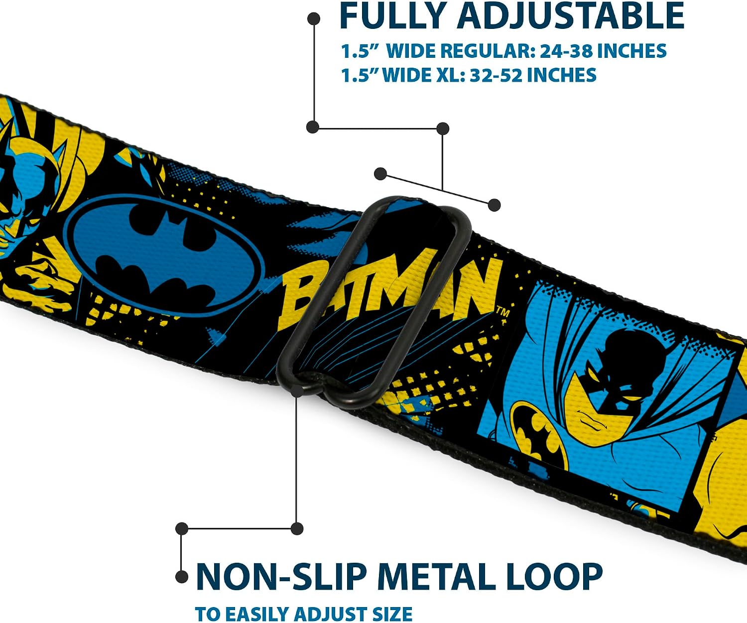 DC Comics Belt, Seatbelt Buckle Belt, Batman Poses and Logo Collage Black Blue Yellow, Adjustable
