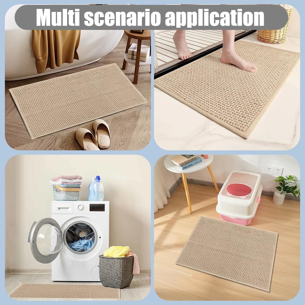 Bathroom Rug Mat, Chenille Bath Mat with Non Slip Rubber Backing Soft and Absorbent Quick-Dry Runner Rug for Bath Floor Tub and Shower Floor Beige 20"x47"