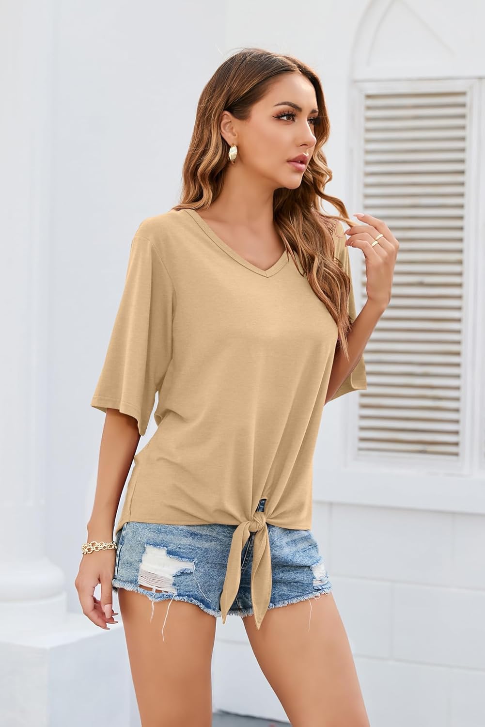 SUEANI Women's Tie Front Tops Summer V Neck 3/4 Bell Sleeve Twist Knot Shirt - Image 3