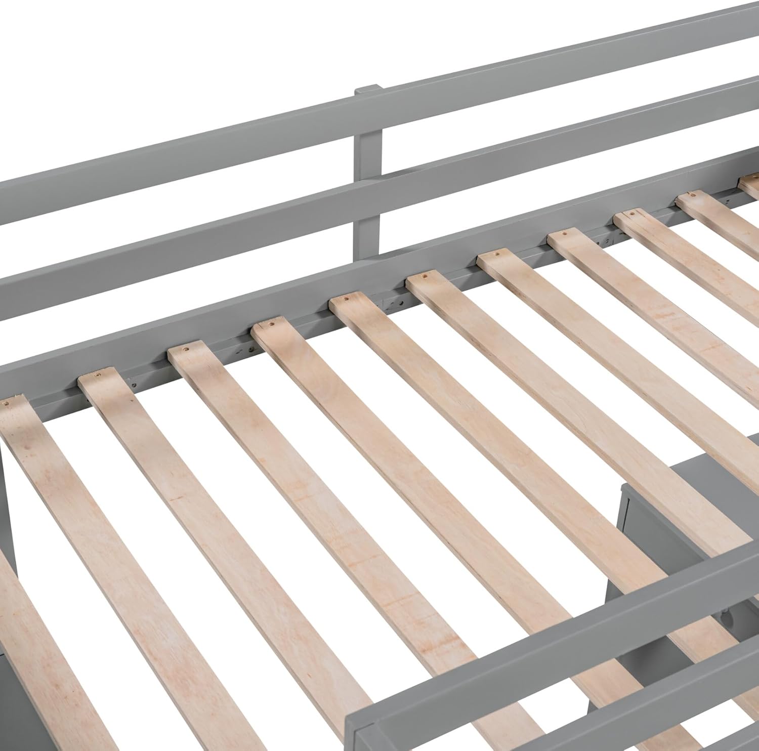 Close-up view of the wooden slats supporting the mattress on the TRIPLE TREE Twin Size Loft Bed.