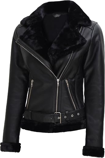 fjackets Womens Sherpa Leather Jacket - Real Lambskin Shearling Coat Stylish Women Leather Jacket
