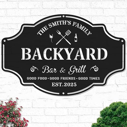 Miniatura 90 de Letrero de metal personalizado para barbacoa, letrero con nombre de bar personalizado para patio trasero, decoración de parrilla al aire libre,