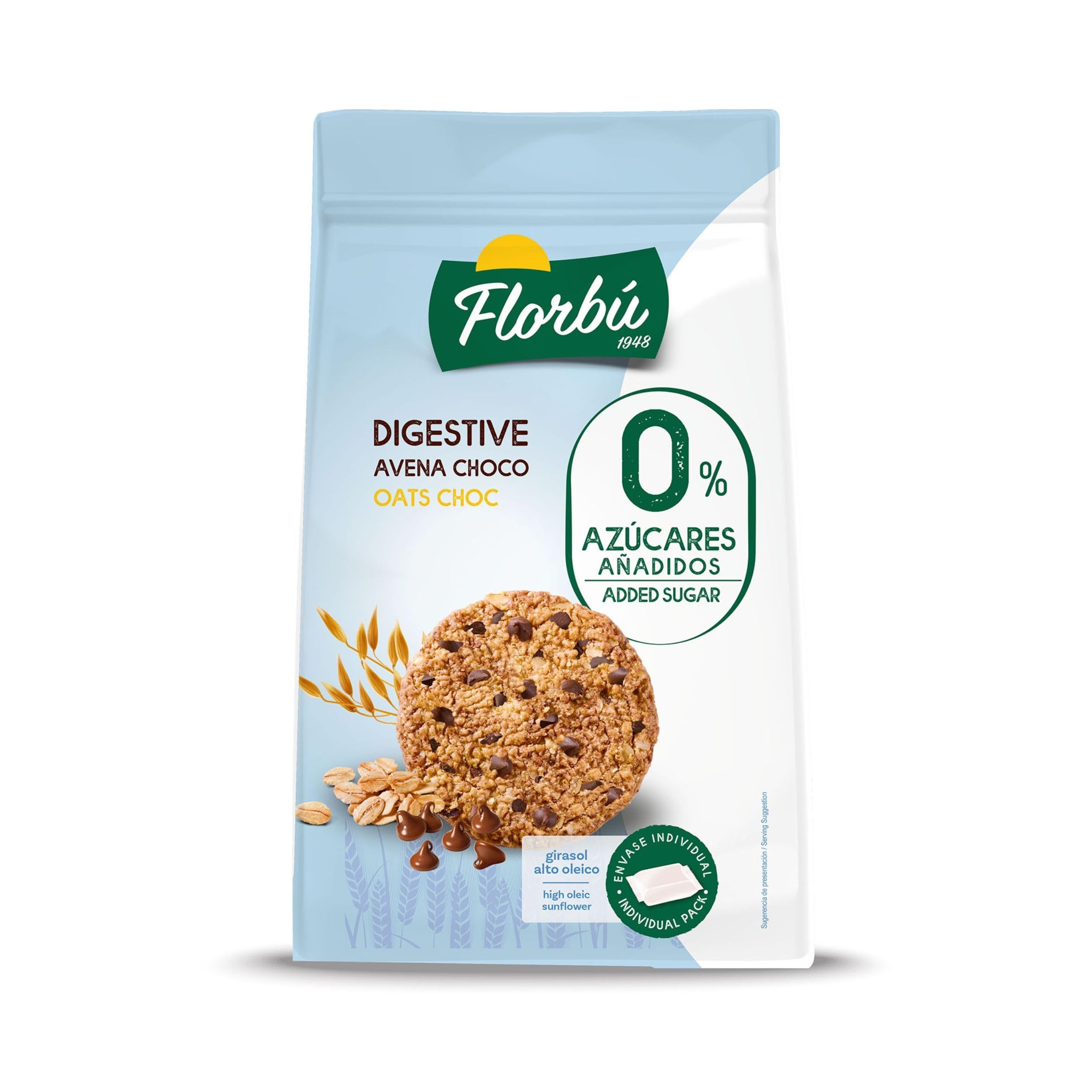 Florbu No Added Sugar Chocolate Biscuits, Digestive Avena Choco 0% - Digestive Biscuit with Oat Flakes and Chocolate Chips, Fibre Rich Snack Ideal for Diabetics, Tasty Guilt Free Cookie