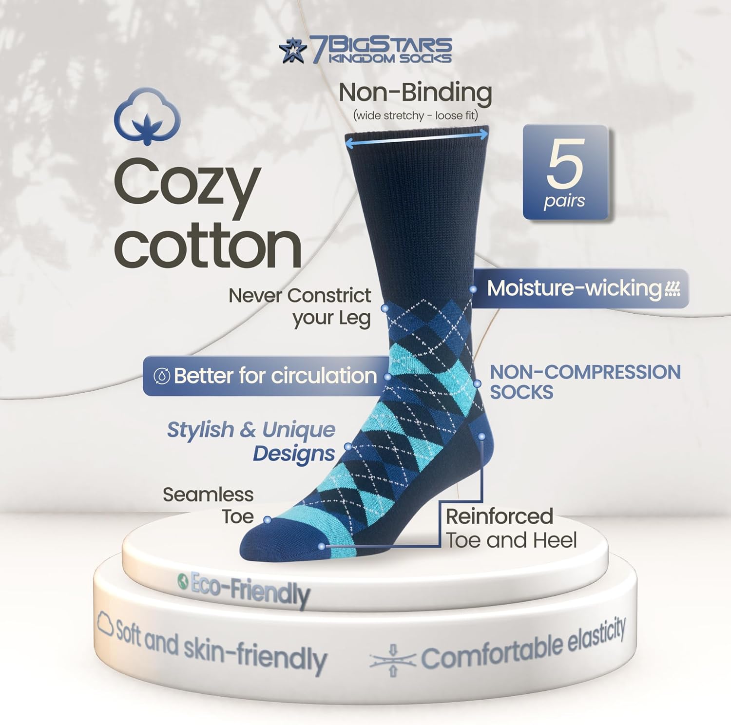 7BIGSTARS KINGDOM Men's Diabetic Loose Dress Fashion Crew Socks - 5 Pack Large - Argyle, Stripe, Geometric Pattern - Sock Size 10-13 Shoe Size 9-12 L Navy Blue, Denim Blue - Image 3