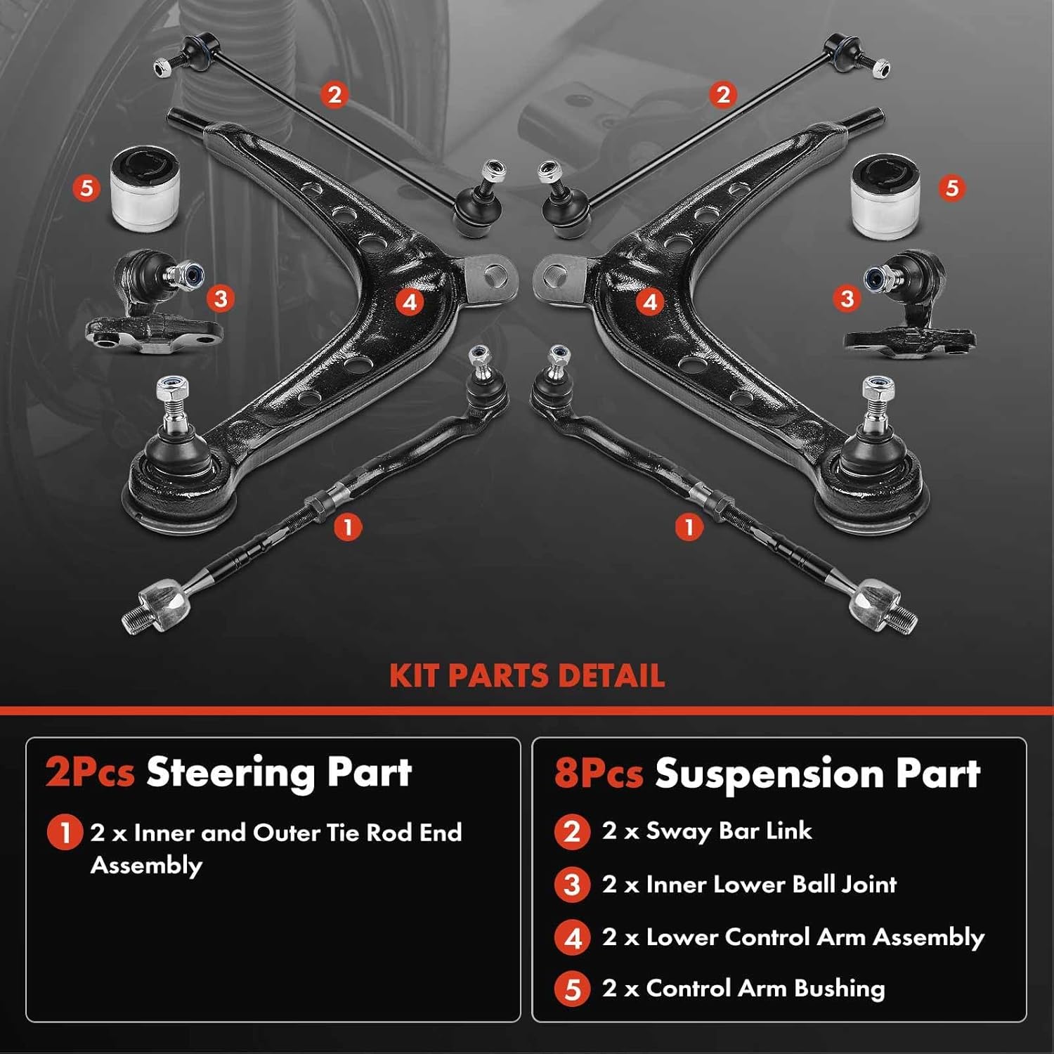 Condition photo showing New/Like New for a-premium set of 10, front lower control arm & inner bushing, inner lower ball joint, inner tie rod end, sway bar link, compatible with bmw e46 series - 325xi 2001-2005, 330xi 2001-2005, awd only