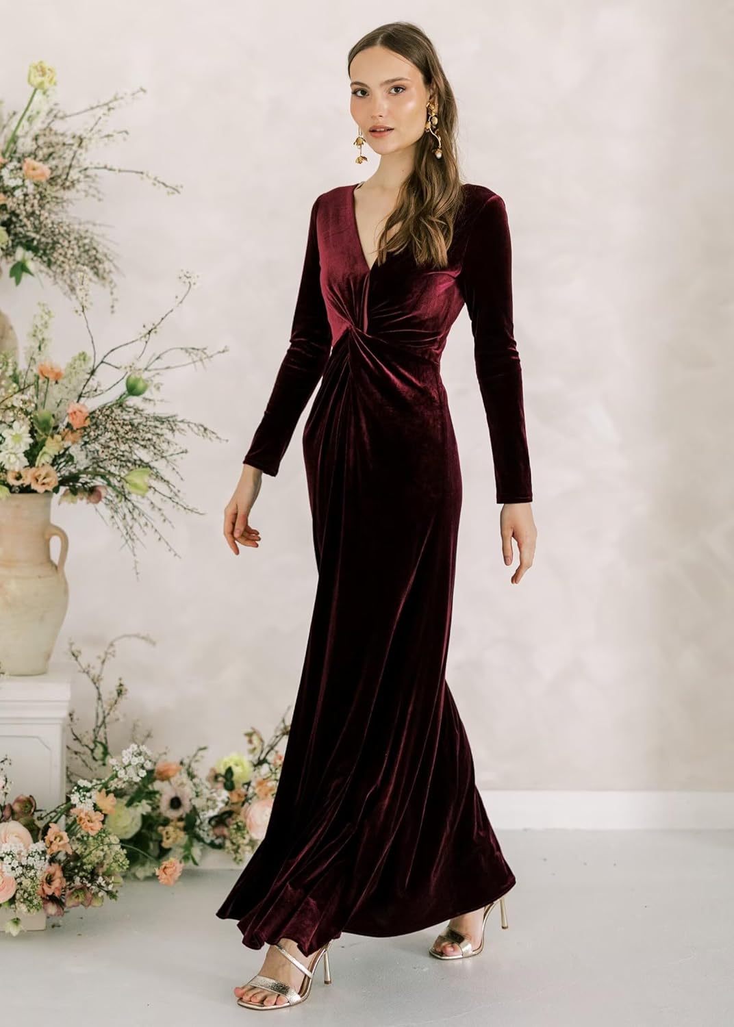 Velvet Long Sleeve Wedding Guest Dresses Empire Waist V Neck Bridesmaid Formal Gowns