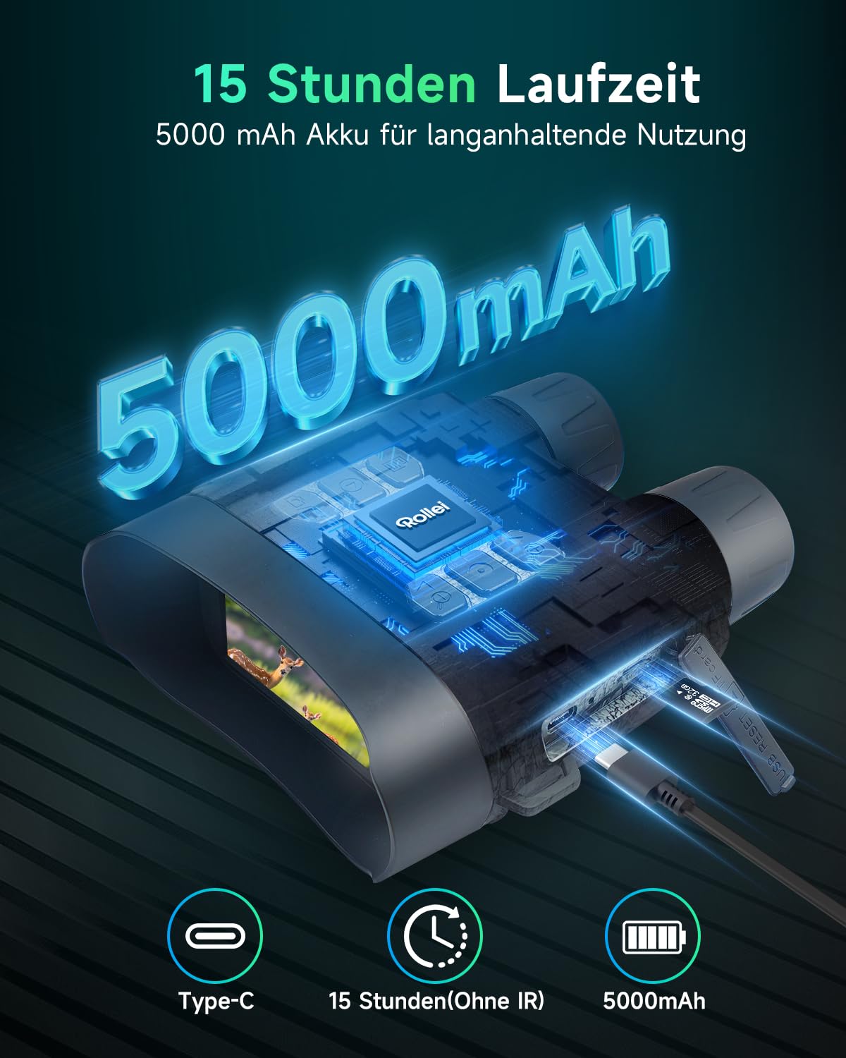 Rollei NightVision 400 4K Nachtsichtgerät, 40MP Fernglas mit Nachtsicht Militär 12X Digitalzoom 32GB SD-Karte 400M Infrarot Kamera mit Taschenlampe 5000mAh Nachtsicht Fernglas Erwachsene für Jagd