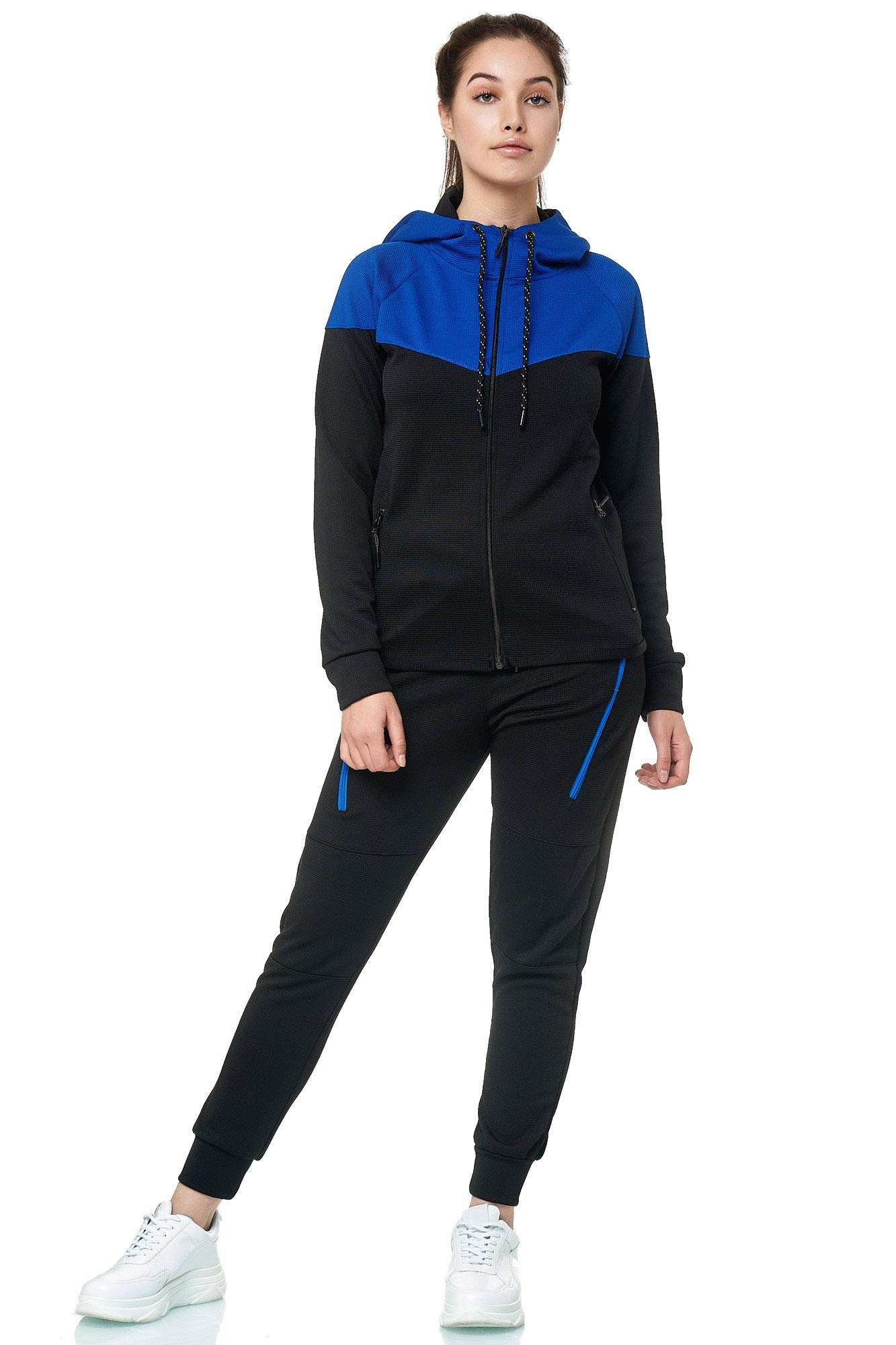 Violento Damski dres do biegania 0984 | fajny dres fitness z bawełny | kurtka treningowa z zamkiem błyskawicznym i kapturem | dres sportowy z gumowym ściągaczem, rozmiar S-3XL