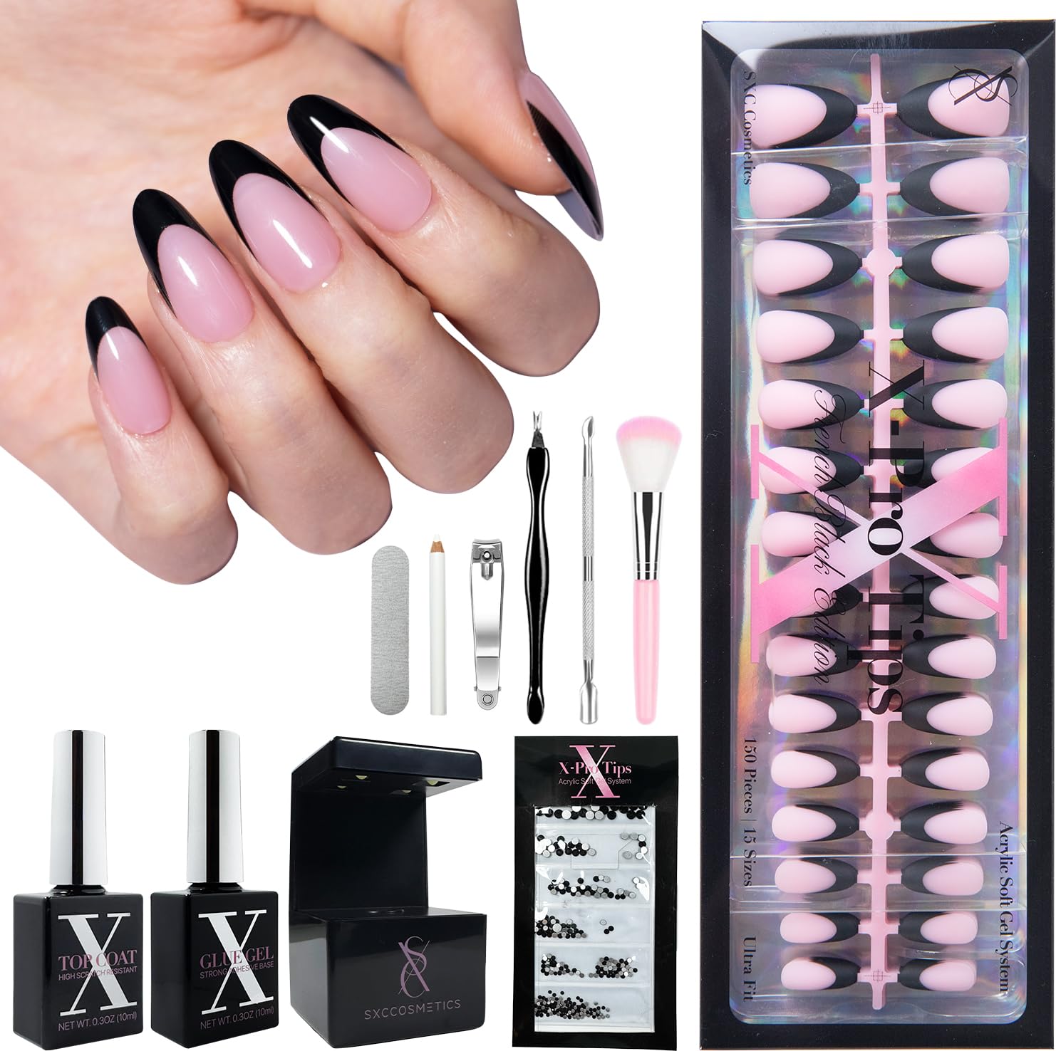 SXC Cosmetics French Tip Press On Nails – Black Series, Medium Almond, X-Pro Tips Starter Kit | 150PCS, 15 Sizes, 5 Styles, Beginner-Friendly
