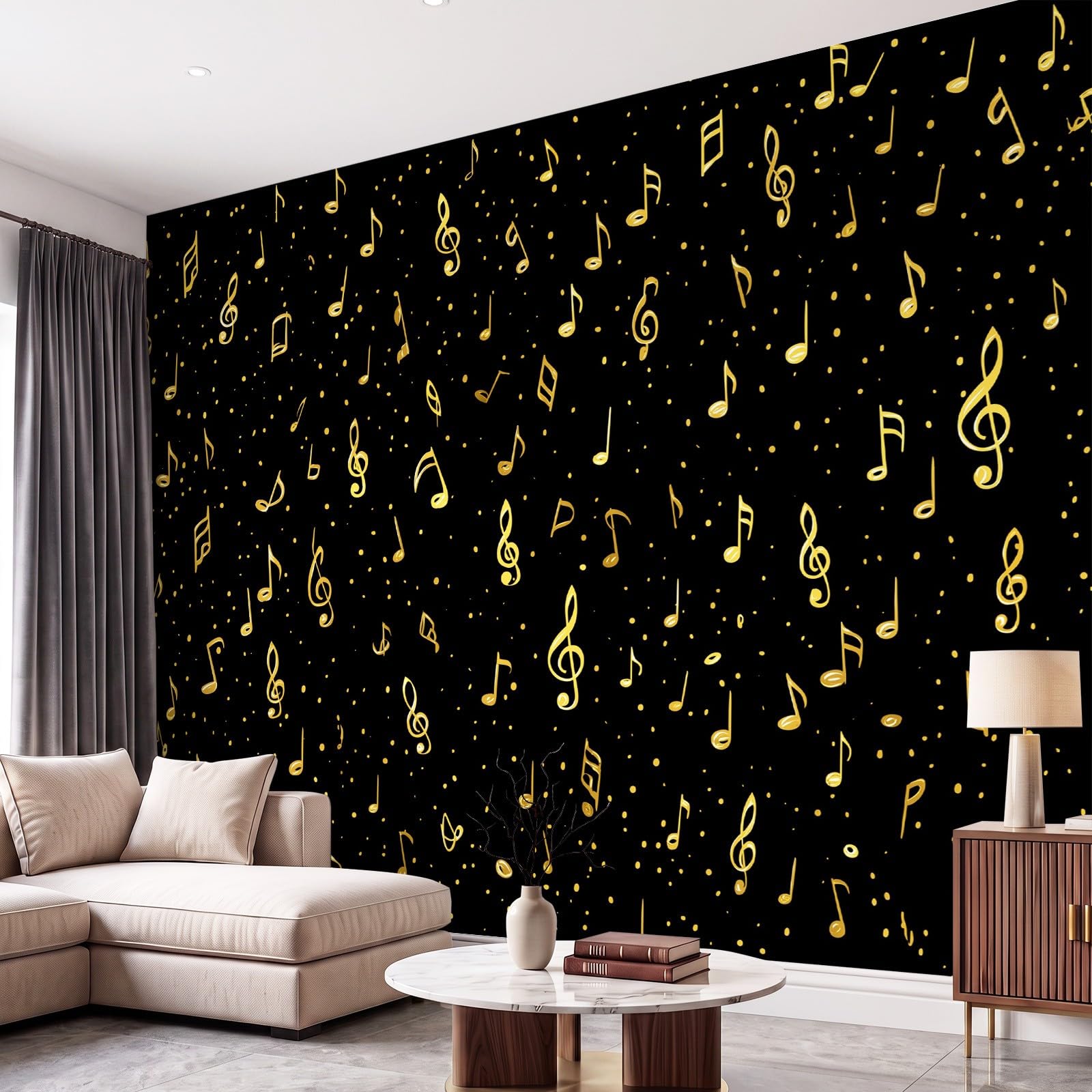 Genérico Papel pintado no tejido negro oro notas musicales Allover 350 x 256 cm, papel pintado panorámico de pared, música clásica, póster tapiz, decoración para sala de estar, dormitorio infantil